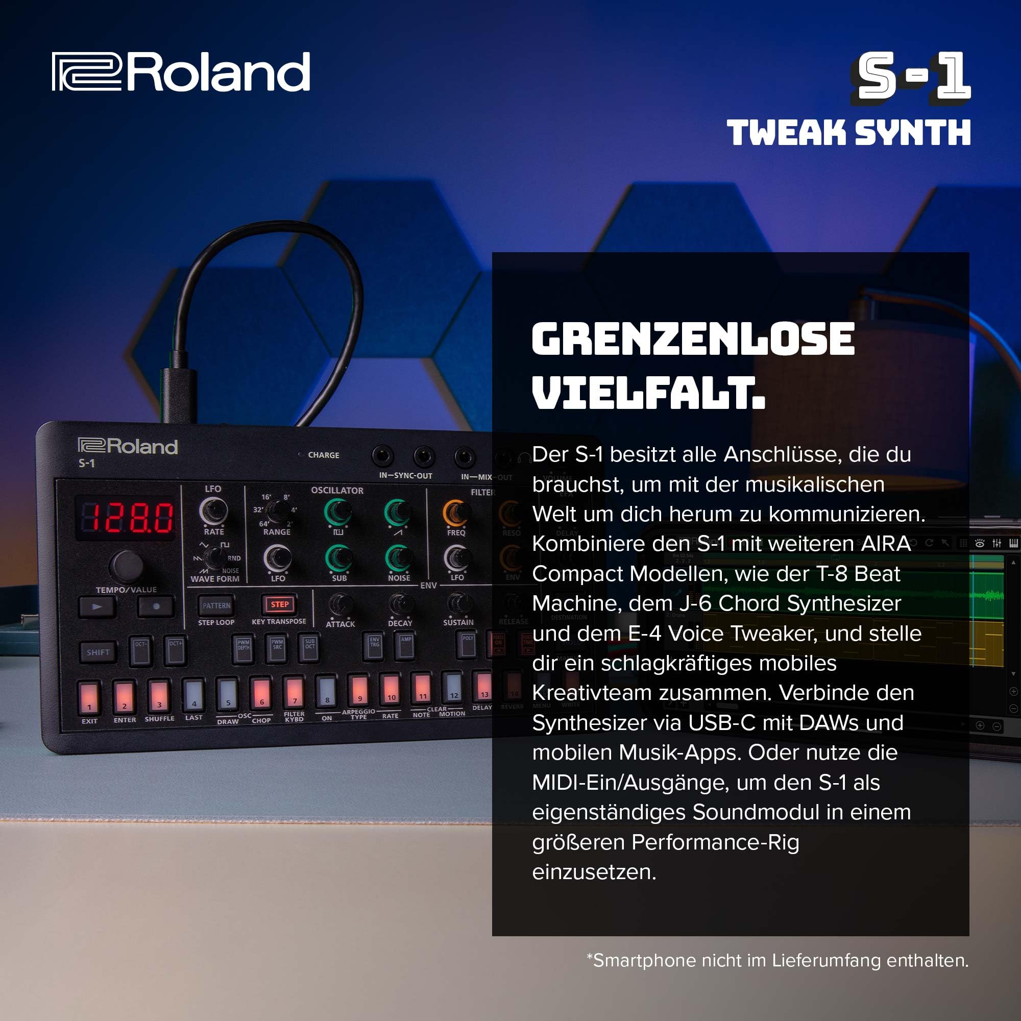 Roland AIRA Compact S-1 Tweak Synth | Ultraportabler Mikro-Polysynthesizer mit modernen Werkzeugen | D-Motion Soundsteuerung | 4,5 Stunden kabelloser Akkubetrieb | leicht & robust