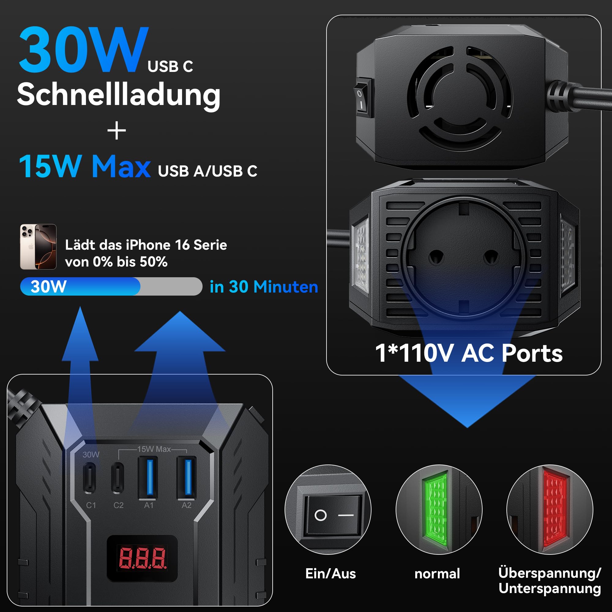 BESTEK Wechselrichter 12v auf 230v 400W Stromwandler 12 auf 230/steckdose Auto Adapter/Auto wechselrichter,Inverter,inkl.Kfz Zigarettenanzünder Stecker