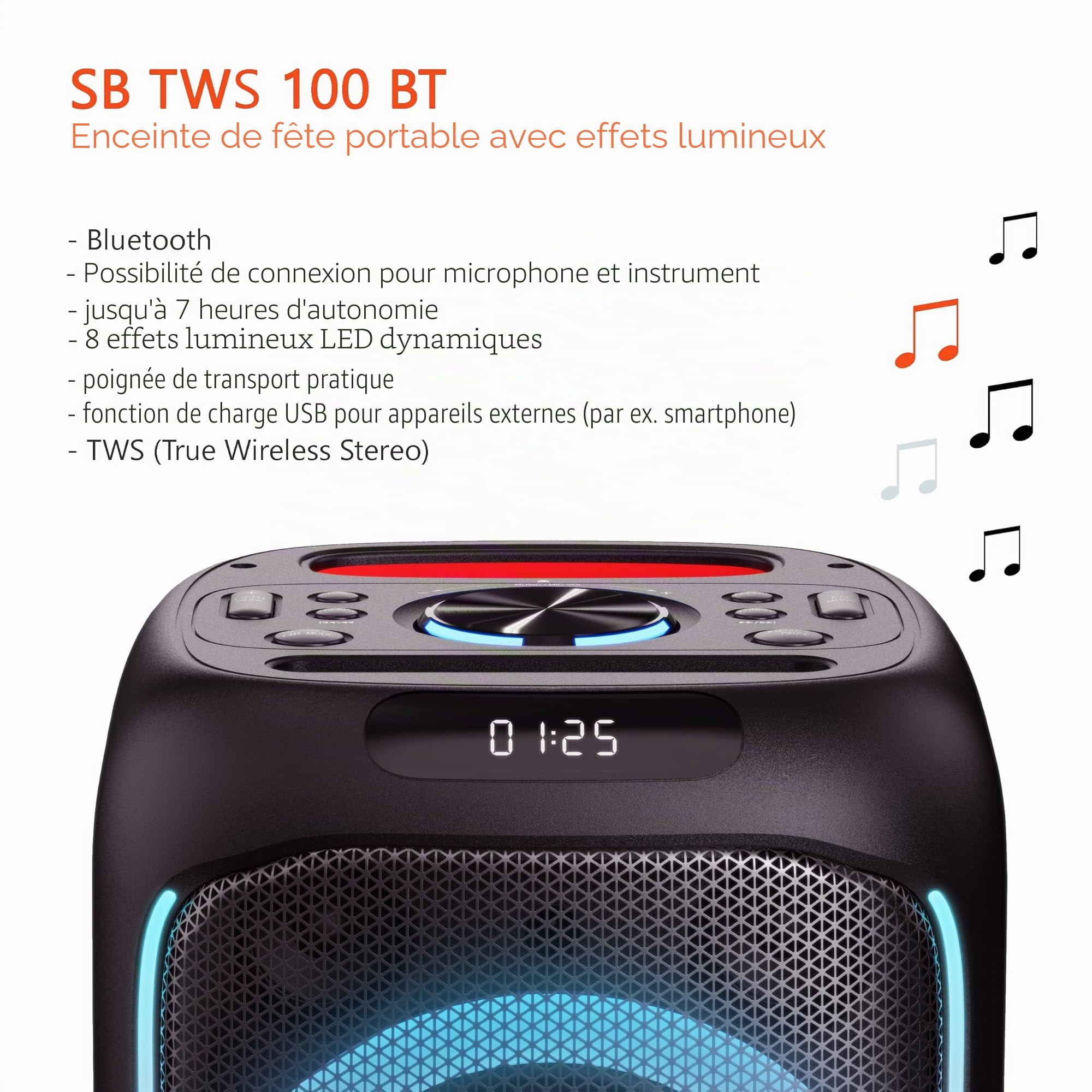 Mobile Beat SB-TWS 100 BT Soundbox, jusqu'à 7 h d'autonomie, lumières LED, poignée de Transport Pratique, Batterie, Fonction de Charge USB pour appareils externes