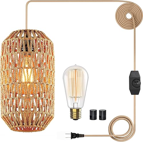 Lámpara colgante bohemia de ratán con cable de algodón de 15 pies e interruptor de atenuación continuo, lámparas colgantes de mimbre tejida para