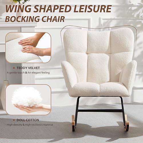 Miniatura 3 de Mecedora para guardería, mecedora tapizada de peluche con respaldo alto, silla reclinable con bolsillo para dormitorio, sala de estar, oficina,