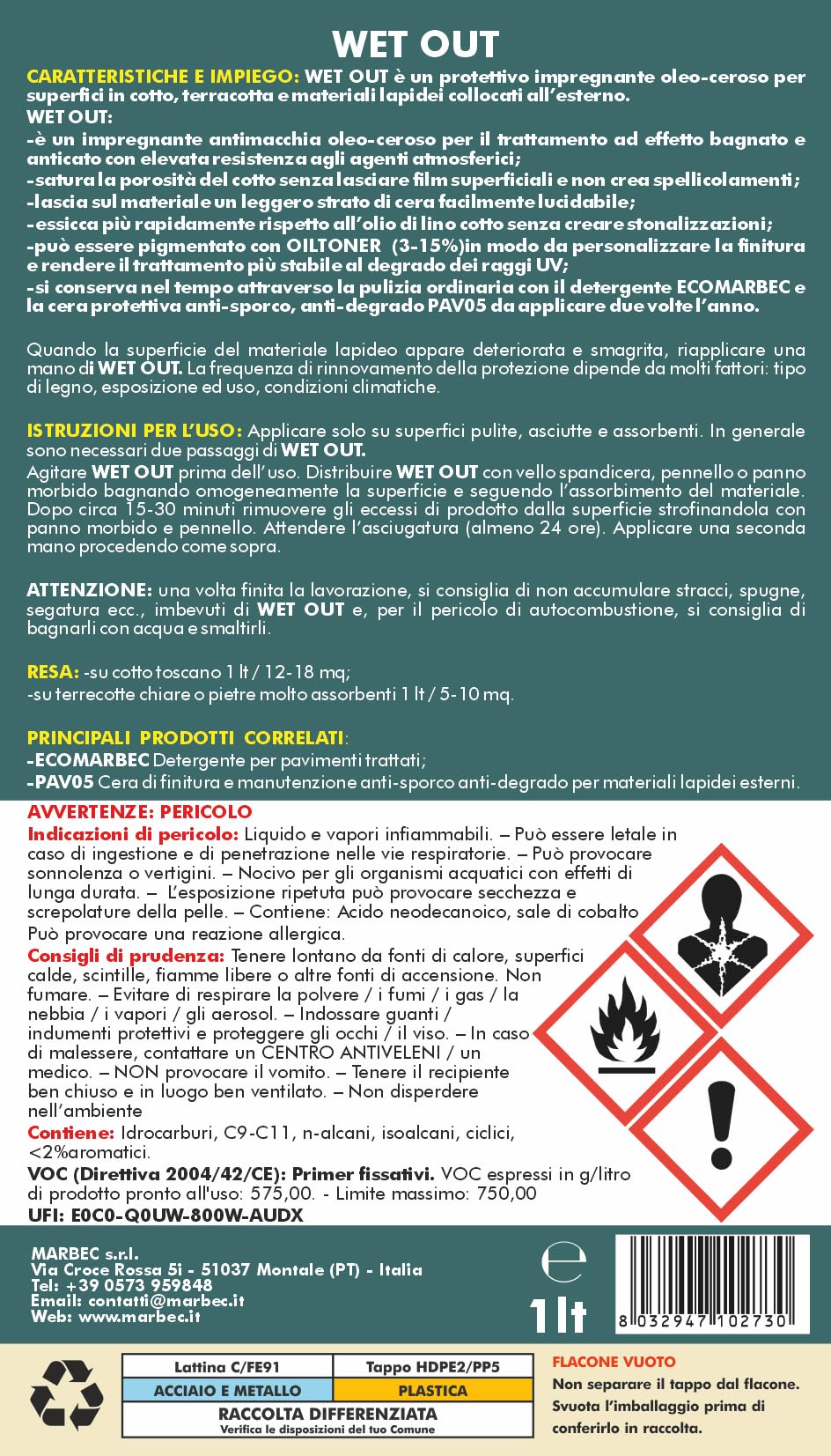 MARBEC WET OUT 1LT Impregnante oleo-ceroso per cotto e materiali lapidei esterni. Protegge e valorizza il materiale esaltando la bellezza naturale con effetto bagnato.