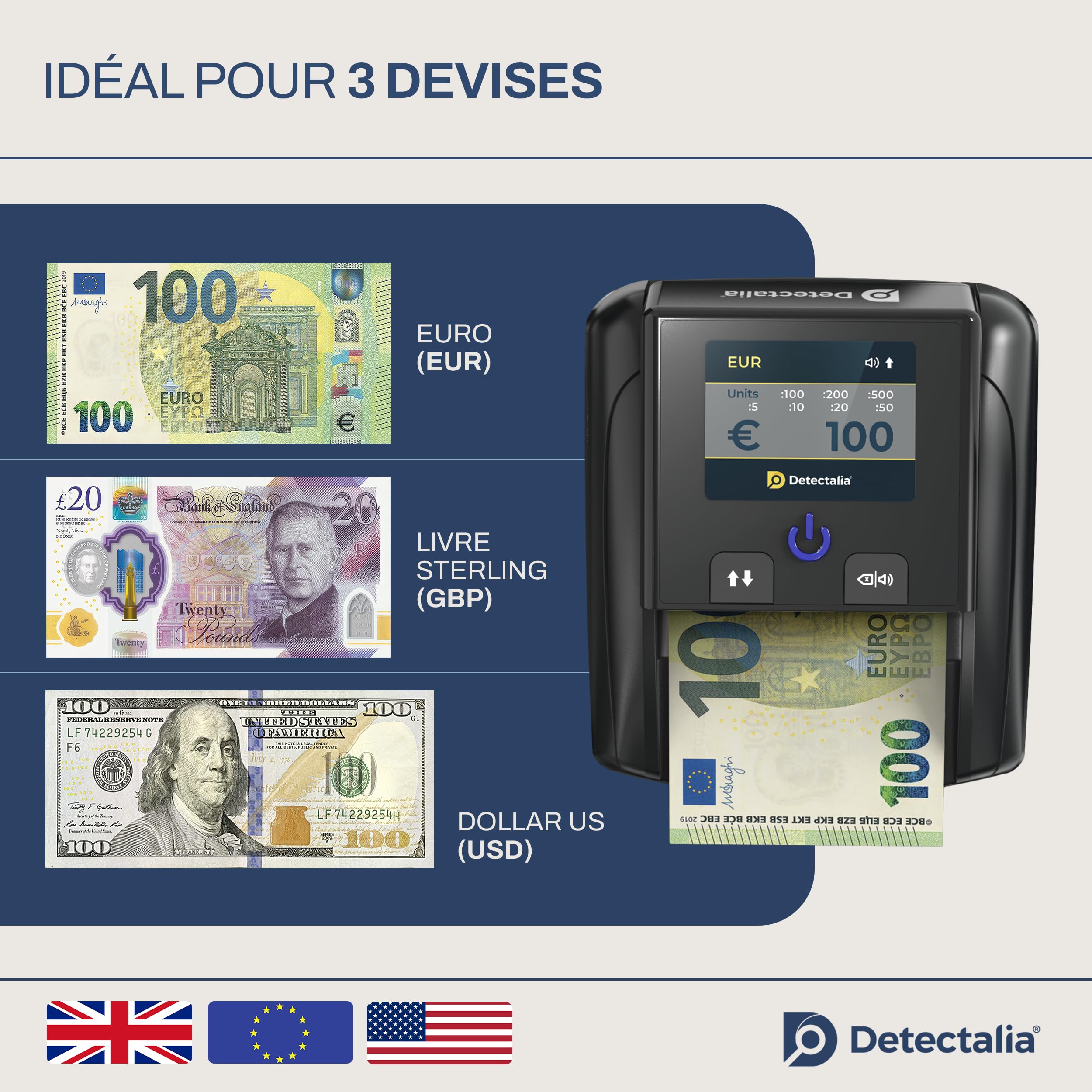 Detectalia D7T+ Détecteur de Faux Billets avec détection 100% et 5 systèmes de détection pour 3 devises EUR, GBP, USD et écran TFT
