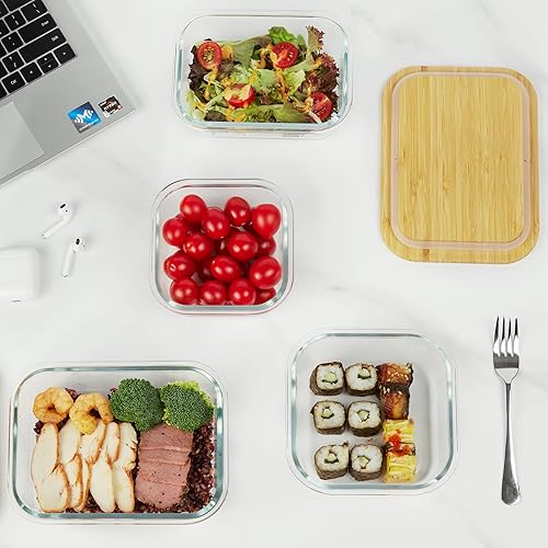 Miniatura 5 de Vtopmart Recipientes de vidrio para almacenamiento de alimentos con tapas de bambú, paquete de 4 recipientes de vidrio para preparación de comidas,
