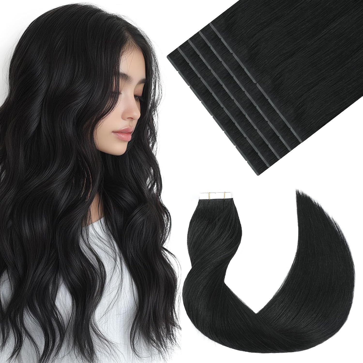 VINBAO Tape in Human Hair Extensions Jet Black 14inch 20pcs 50grams | Hair Extensions Double Weft Tape in Straight Soft,Remy Human Hair,Black Hair Extensions,Add Length for Women