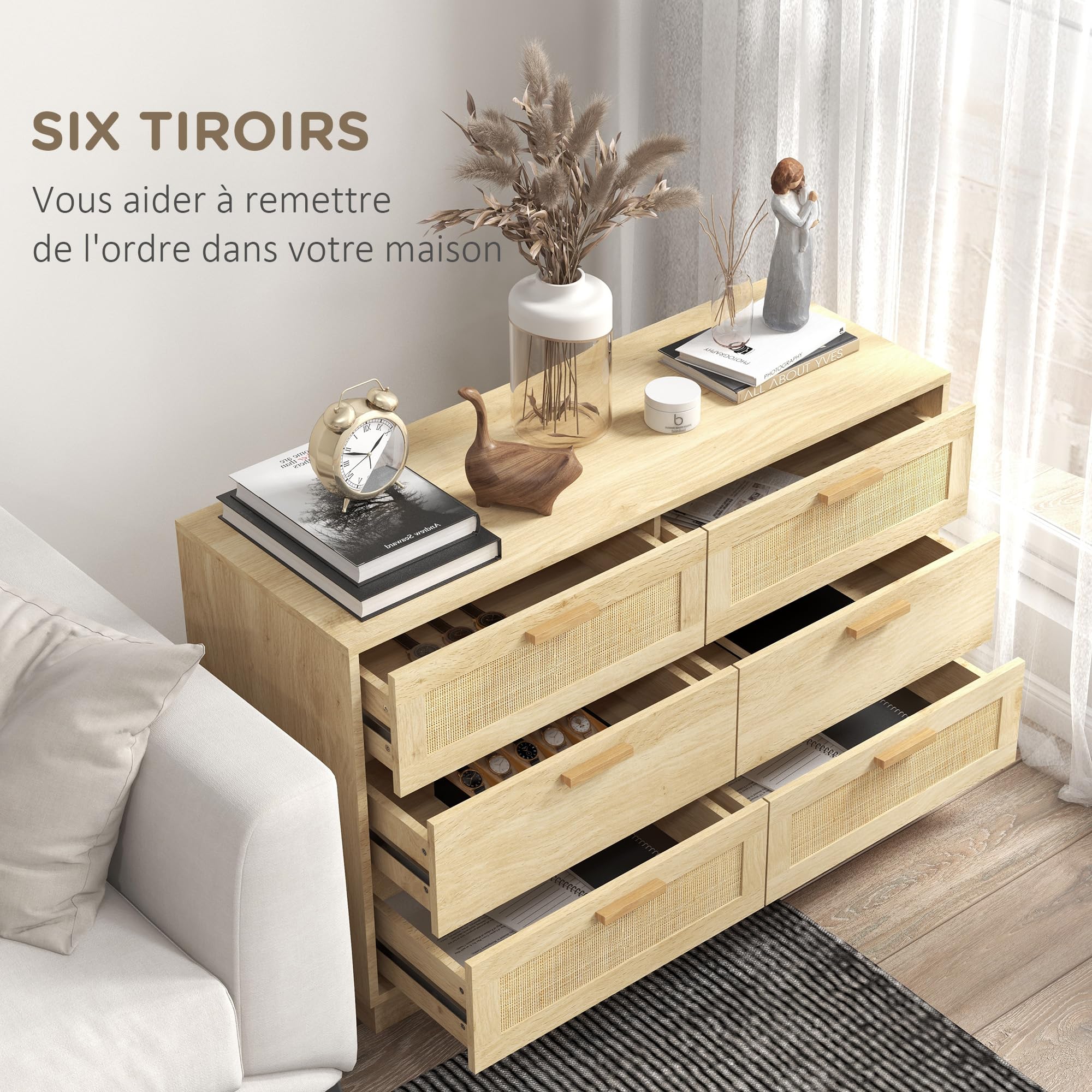 HOMCOM Commode 6 Tiroirs Commode Bois 110 x 40 x 69 cm Chêne | Meuble de Rangement, Style Bohème, Commode en Rotin, Chambre à Coucher, Salon, Entrée