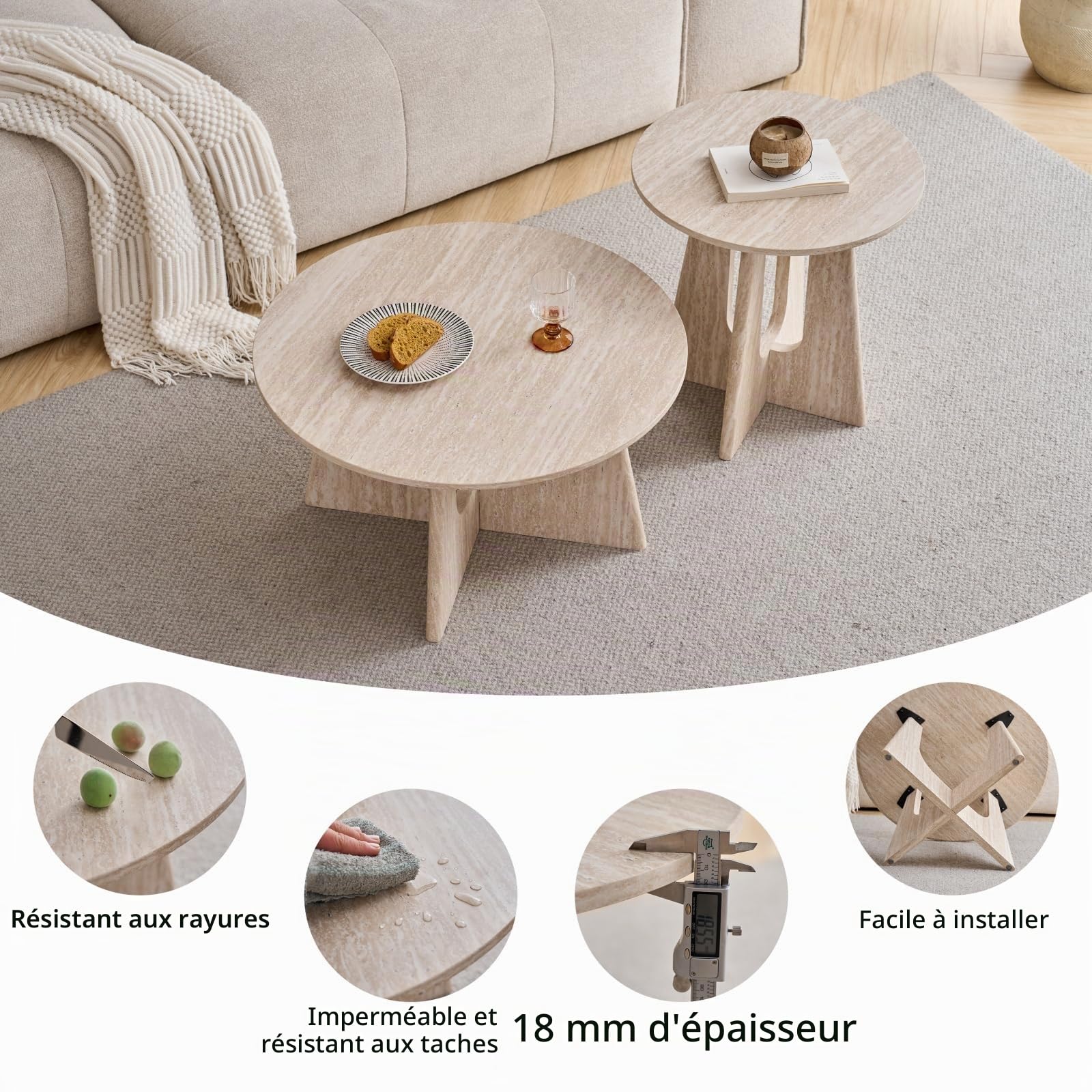 GrandCA HOME Lot de 2 Table Basse Ronde, Table D'appoint de Salon de Style Minimaliste Moderne, Matériau en Panneaux de Fibres de Densité Moyenne, Convient pour Le Salon, La Chambre à Coucher - Beige