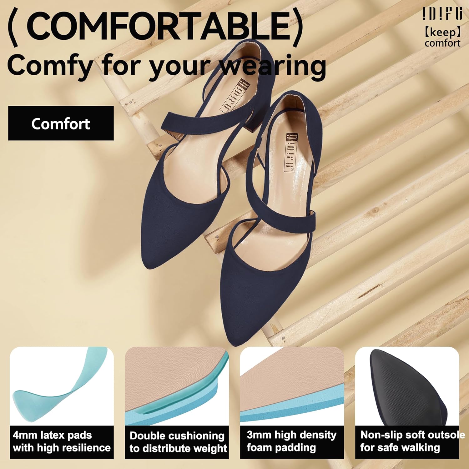 IDIFU IN2 Women's Pumps Closed Toe Strappy Heels Low Block Chunky Heels Dressy Wedding Bride Prom Business Dress Shoes for Women Comfortable Formal Pointed Toe Short Heels - Image 5