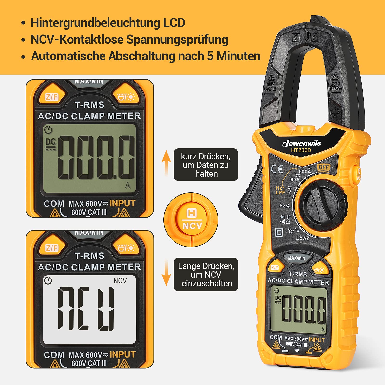 DEWENWILS Stromzange, 6000 Counts Strommesszange 600A AC/DC, Amperezange True RMS CAT III 600 V Auto-Ranging NCV, für AC/DC Spannung/Strom/Widerstand/Kapazitanz/Temperatur Messung