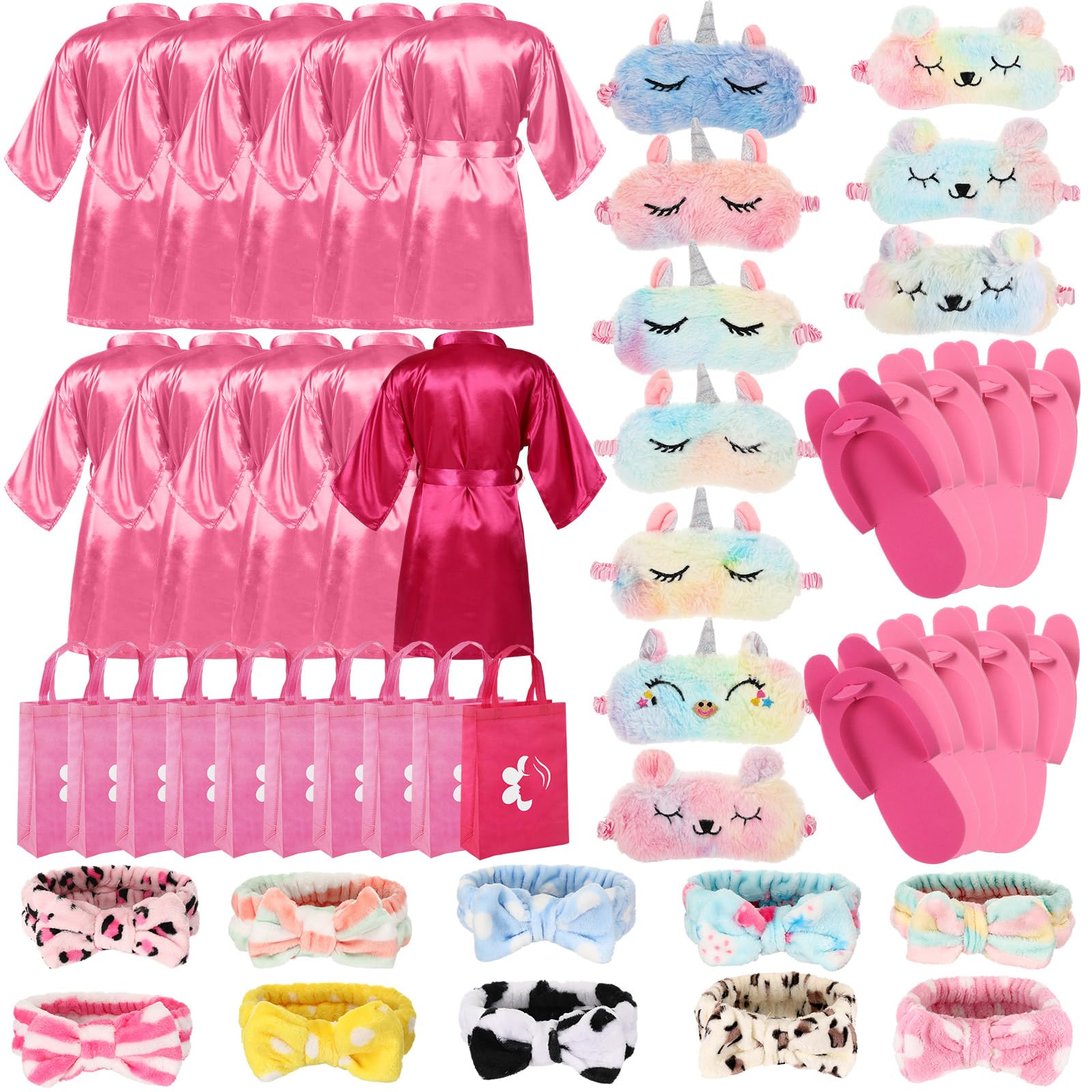 Bonuci 50 Pcs Spa Party Supplies for Girls, 10 Satin Robe 10 Kids Slippers Sleepover Birthday Spa Party Favors