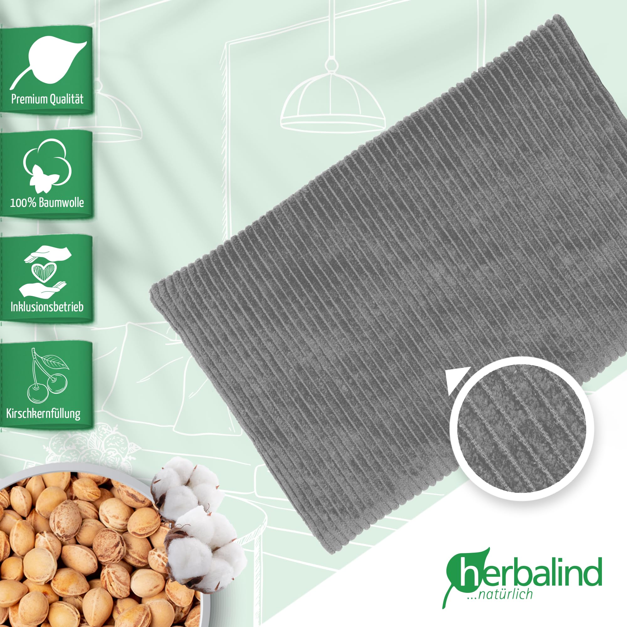 HERBALIND Robustes Kirschkernkissen Cord Premium30x20cm 600g (M) - Handmade in Germany - Wärmekissen für Mikrowelle - 100% Baumwolle für Erwachsene Kinder (Cordstoff, grau)