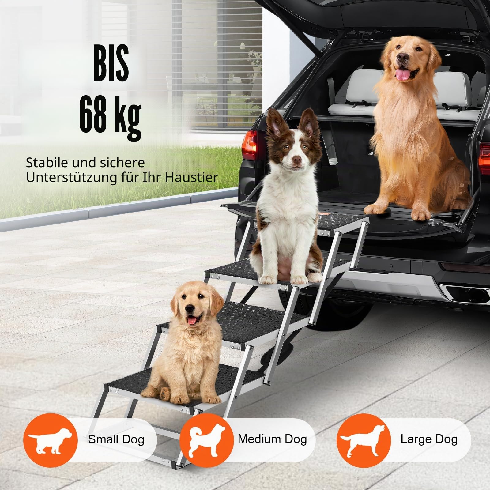 VEVOR Hundetreppe bis zu 68 kg belastbar, 4-stufige Hunderampe, zusammenklappbare Haustiertreppe mit Rutschfester Oberfläche, Einstiegshilfe Hund Auto, Treppen & Stufen für Auto, SUV und LKW