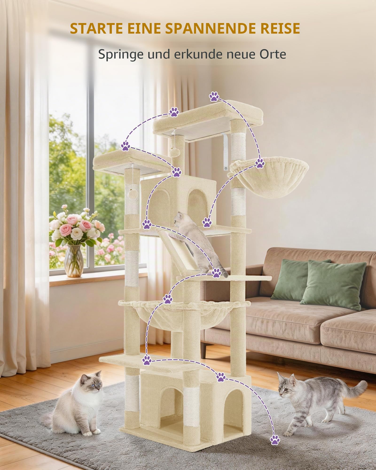 Hzuaneri Kratzbaum Groß, 183 cm Hoch, XL Katzenbaum, 2 Plattformen, 2 Höhlen, 6 Kratzstämme, Kratzbrett, Katzenkorb, Hängematte, Geeignet für Alle Katzenrassen, Maine Coon, Beige MS18318YL