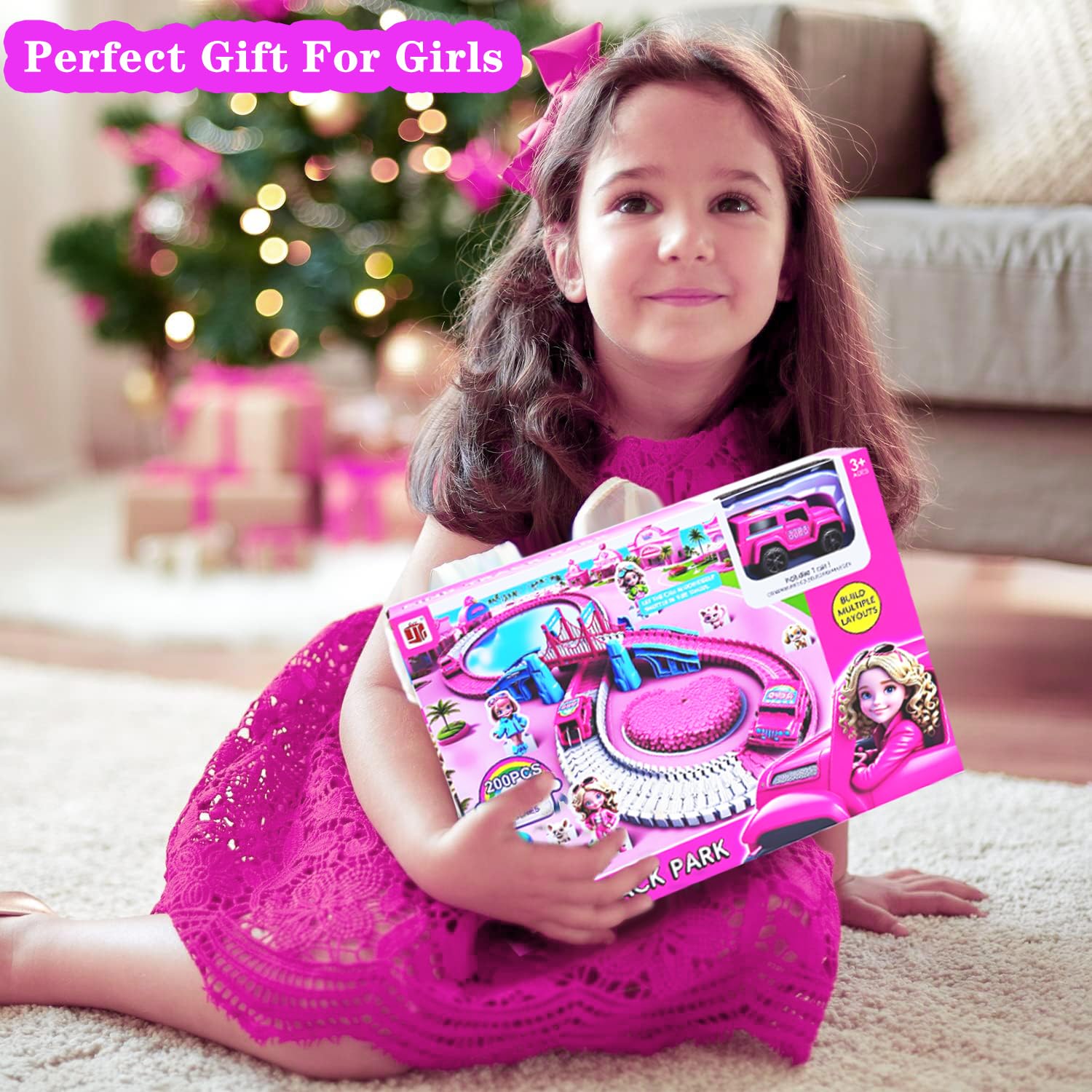 Pistas de carreras para niños de 4 a 8 años, 203 piezas de juguetes eléctricos de pistas mágicas rosas, juego de pistas de automóvil flexible, juguetes para niñas, regalos de cumpleaños para niñas de 7