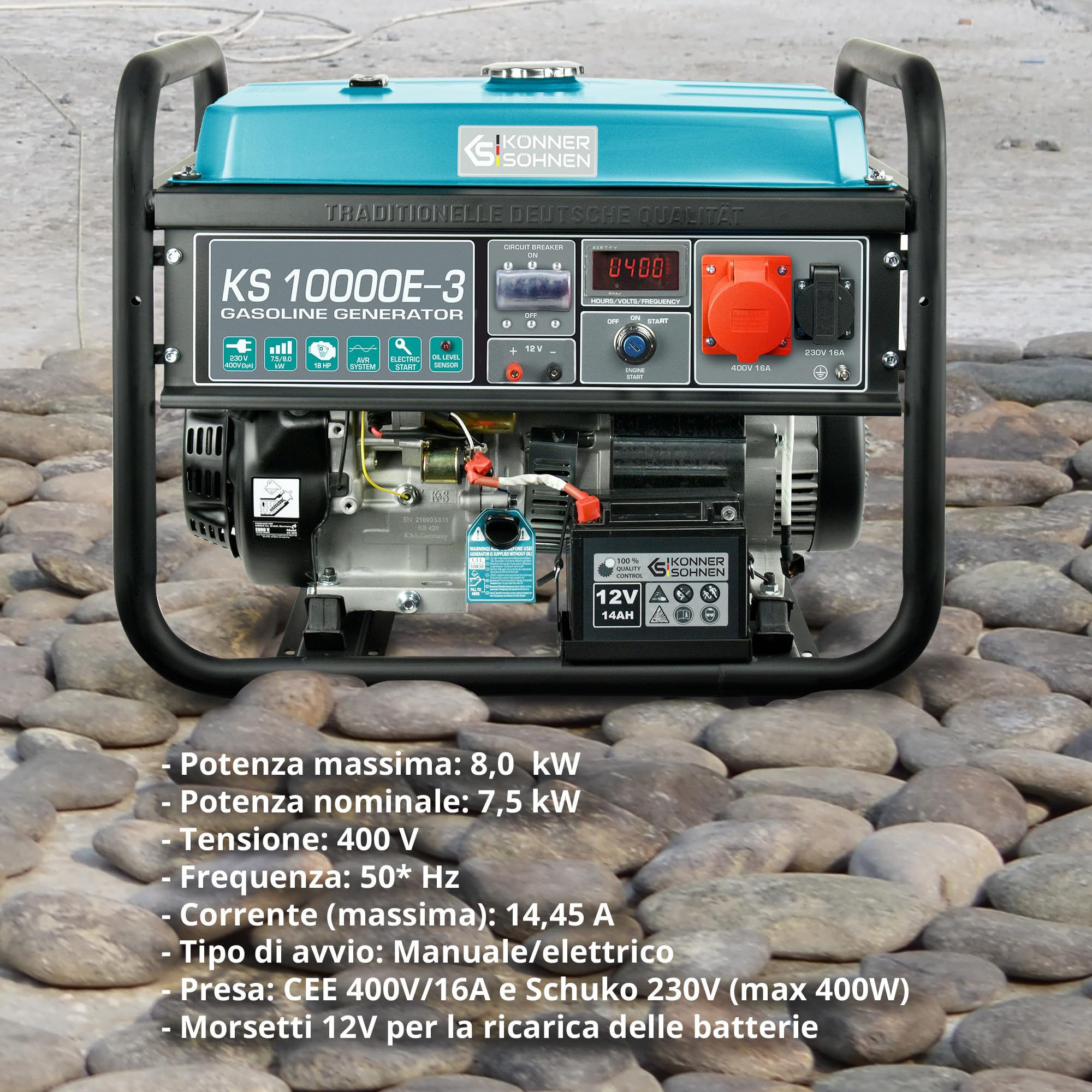 Generatore a benzina KS 10000E-3 per utenze trifase (400V), potenza massima 8000 W, con avviamento manuale/elettrico,protezione da cortocircuito, LED display, avvolgimento in rame,EURO 5