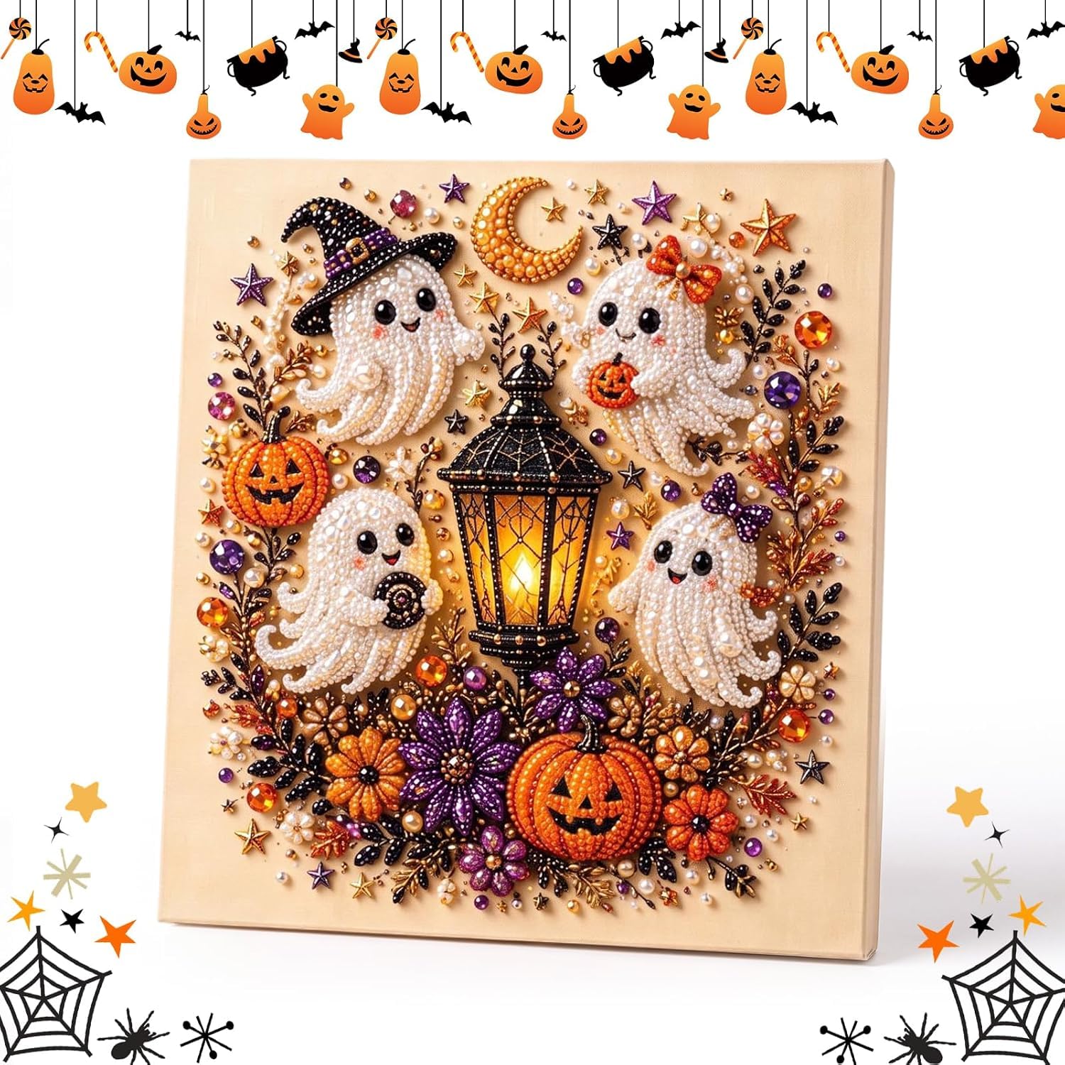 Bancsdzaha Halloween Pearl Diamond Painting Art Kit with Frame,Spooky Cute 3D DIY Pearl Beads Art Craft for Adults,DIY Fall Home Decor Wall Art,Beginner DIY Seasonal Party Gift