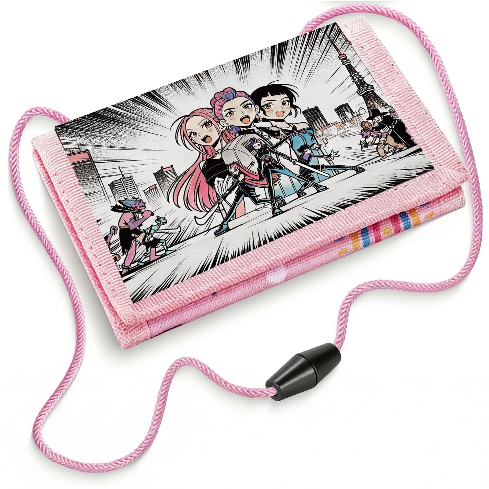 TCRZHHRX Portafoglio a 3 ante con cordino regolabile - K-Pop Portacarte organizer con finestra trasparente per tessera di trasporto - Regalo perfetto per ragazze, adolescenti, studentesse (Nero) - 1