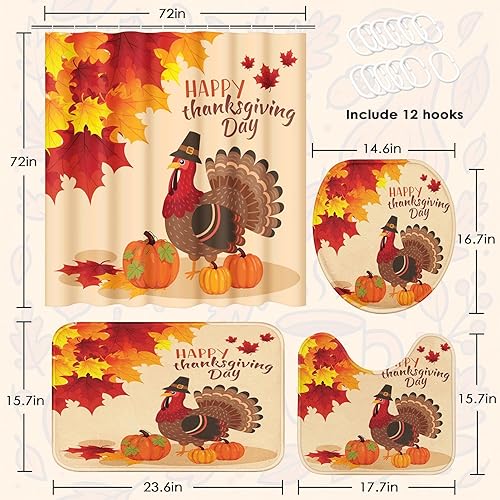 Miniatura 3 de Tayney Juego de cortinas de ducha de otoño con tapa de inodoro y alfombras antideslizantes, calabazas de granja, camión, gnomo, cosecha de Acción de