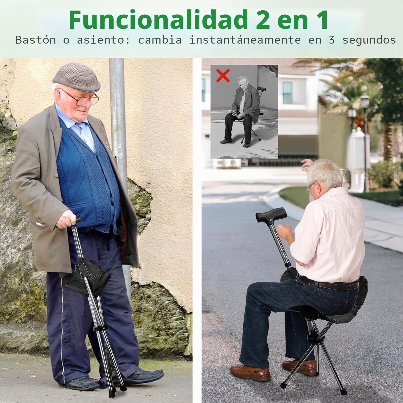 Bastón Plegable 2 en 1 con Asiento, Ajustable en Altura en 5 Niveles, Ligero y portátil, de Tres Patas, para Personas Mayores, Hombres y Mujeres