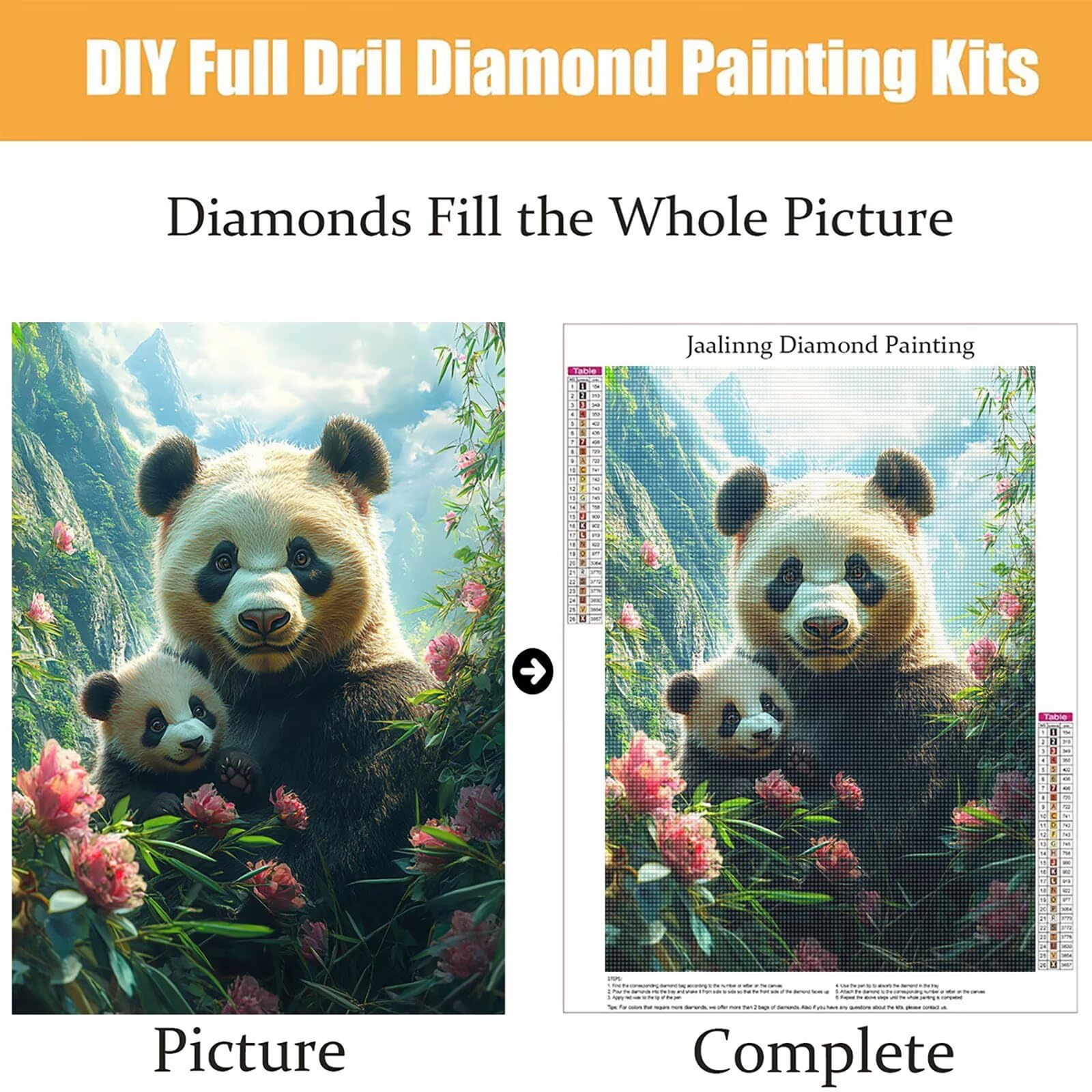 Diamond Painting Kit Completo, Diamond Painting Panda, 5D Quadrato Pittura Diamante Kit Manualidades Adultos DIY Diamantini Crystal Art Disegni Ricamo Punto Croce Artigianale, 60x90cm Animale j0-987