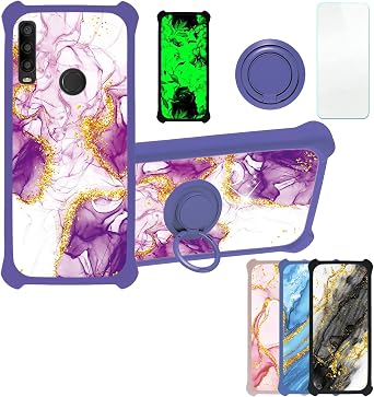 Aroepurt Case for Alcatel 3X 2019 Case Compatible with Alcatel 3X 2019 Phone Case Cover [with Tempered Glass Screen Protector][PC + TPU 2 in 1][Ring Support] [Gold Glitter+Luminous] JSZ-ZDL