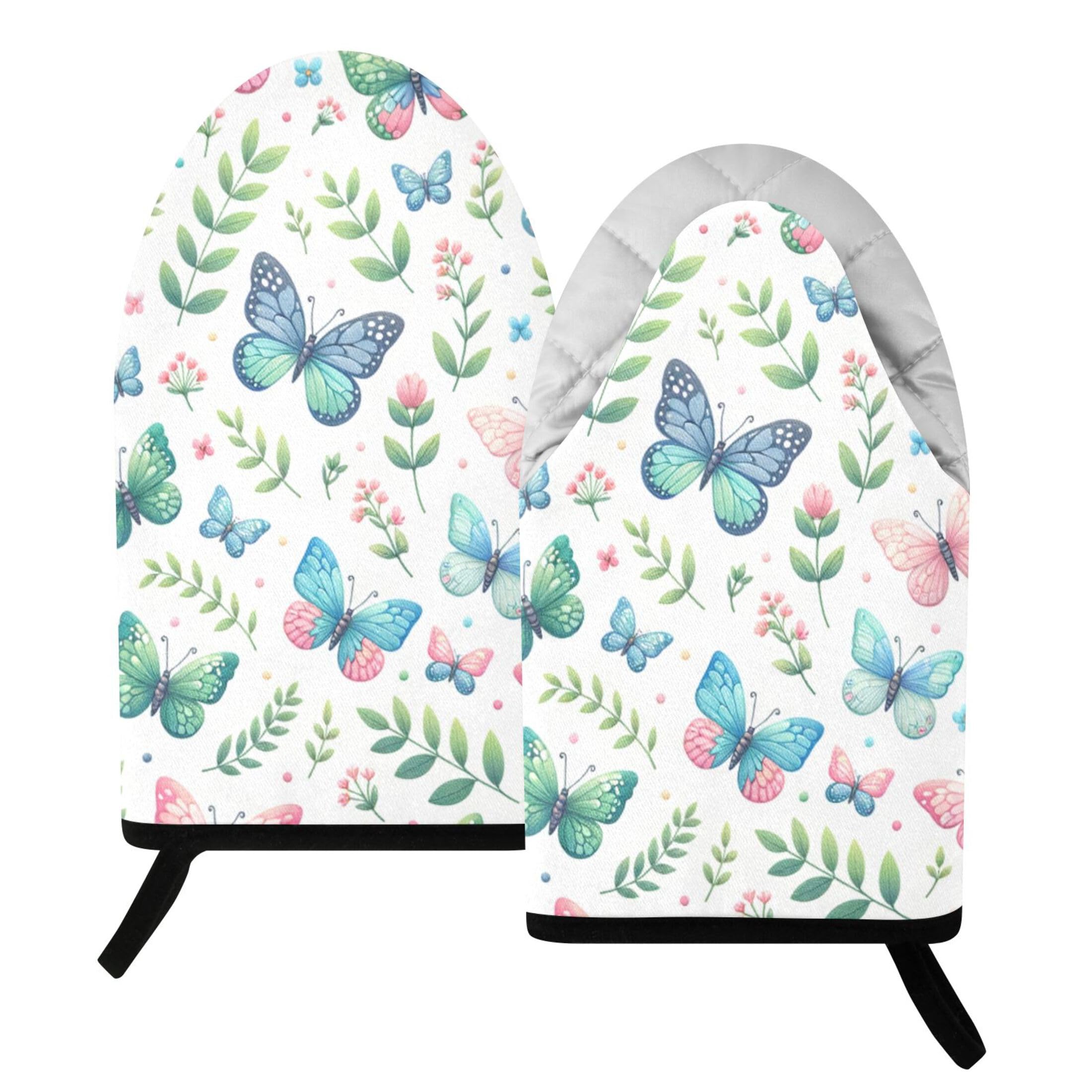 Fuauuyl Oven Mitts Heat Resistant Kitchen Gloves, Butterflies Classic Oven Gloves with Hanging Loop for Baking BBQ Cooking Grilling, 1 Pair, 9.5 in