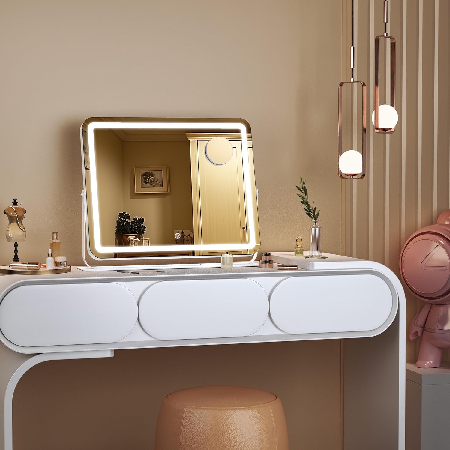 Hasipu Makeup Vanity Mirror with Lights, 20" L x 16" W LED Tabletop Make up Mirror for Desk, Lighting & Brightness Adjustment, 360°Rotation, 10x Magnification