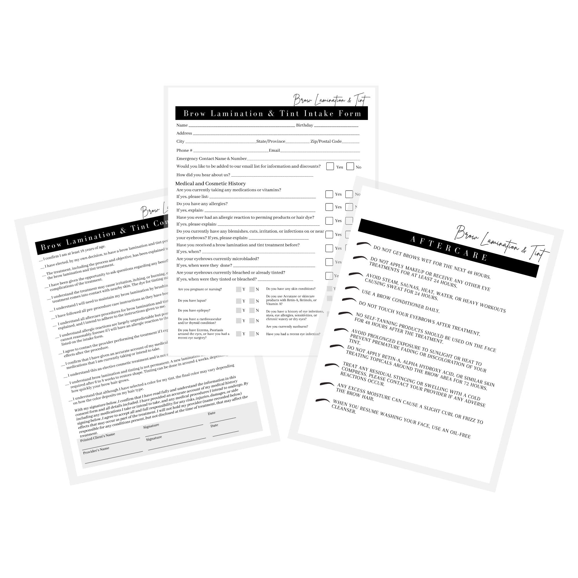 Eyebrow Lamination Consent Form, Intake Form, Aftercare Form | 75 Pack | 8.5x11