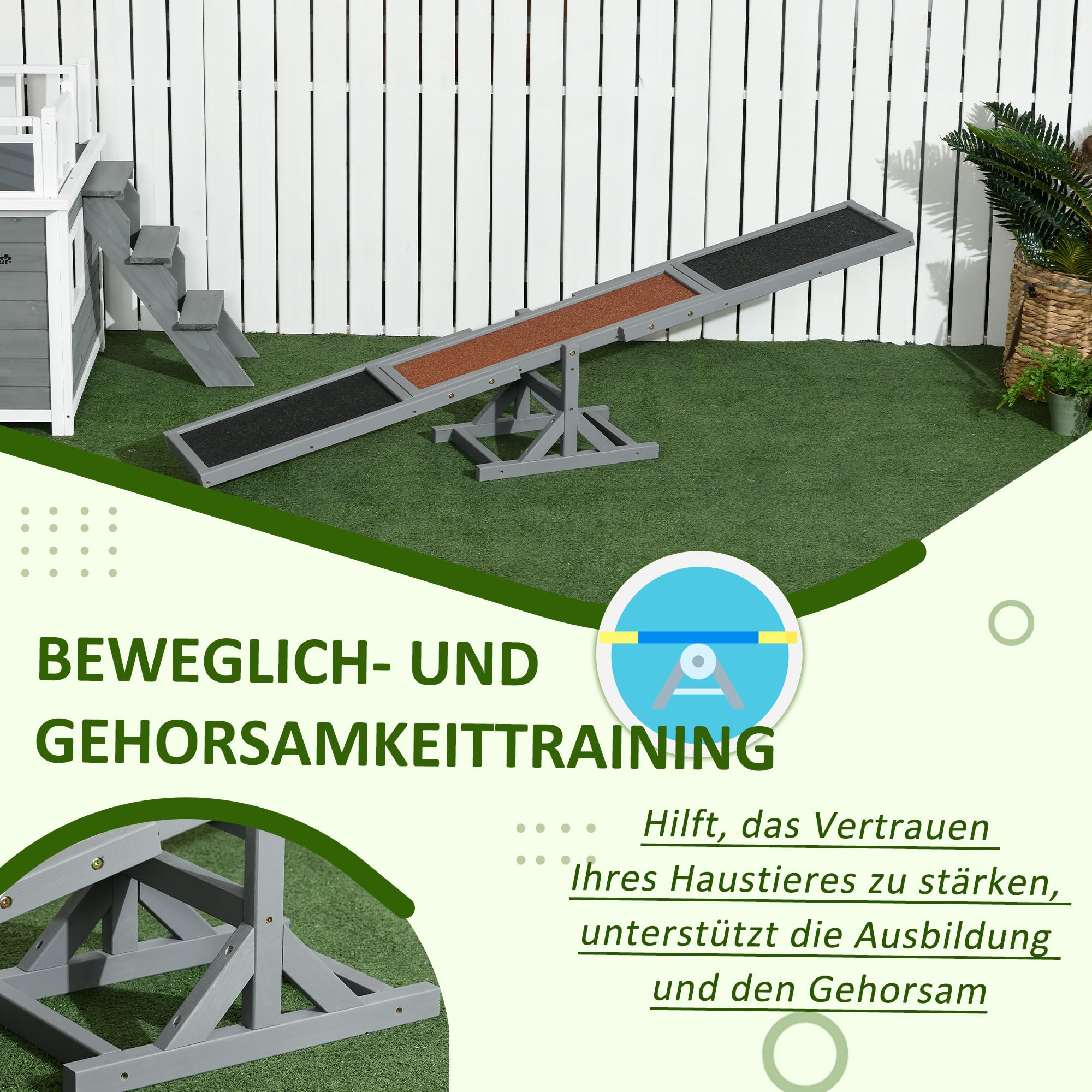 PawHut Hundewippe, Hunde Agility Wippe aus Holz, rutschfest Hunde Agilitäts Rampe für Hunde unter 30 kg, wetterfest Hundetraining Outdoor Hundesport für Balance, 180 x 30 x 30 cm Grau