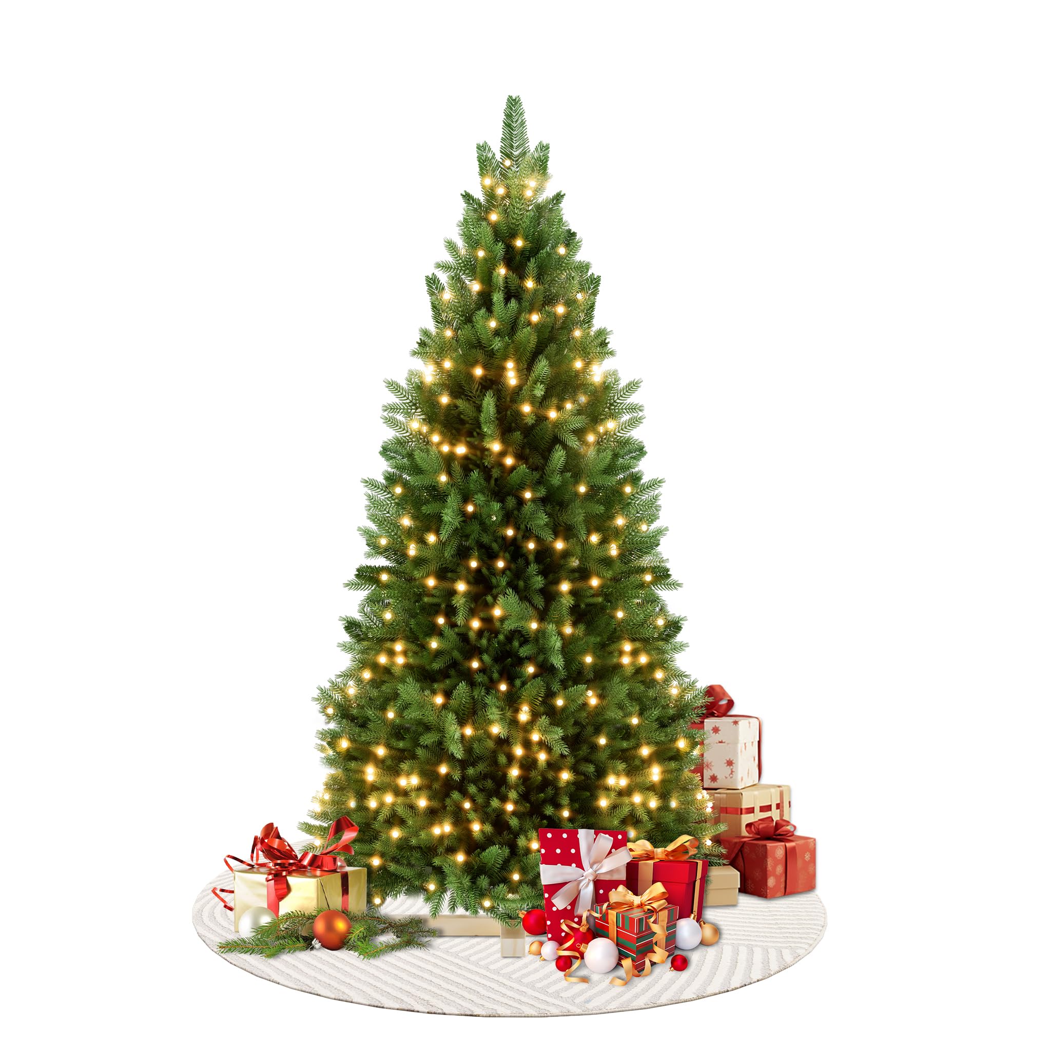 UISEBRT Árbol de Navidad artificial con iluminación, árbol de Navidad artificial con soporte de madera, árboles de Navidad artificiales con ramas y LED de color blanco cálido, para interior y exterior