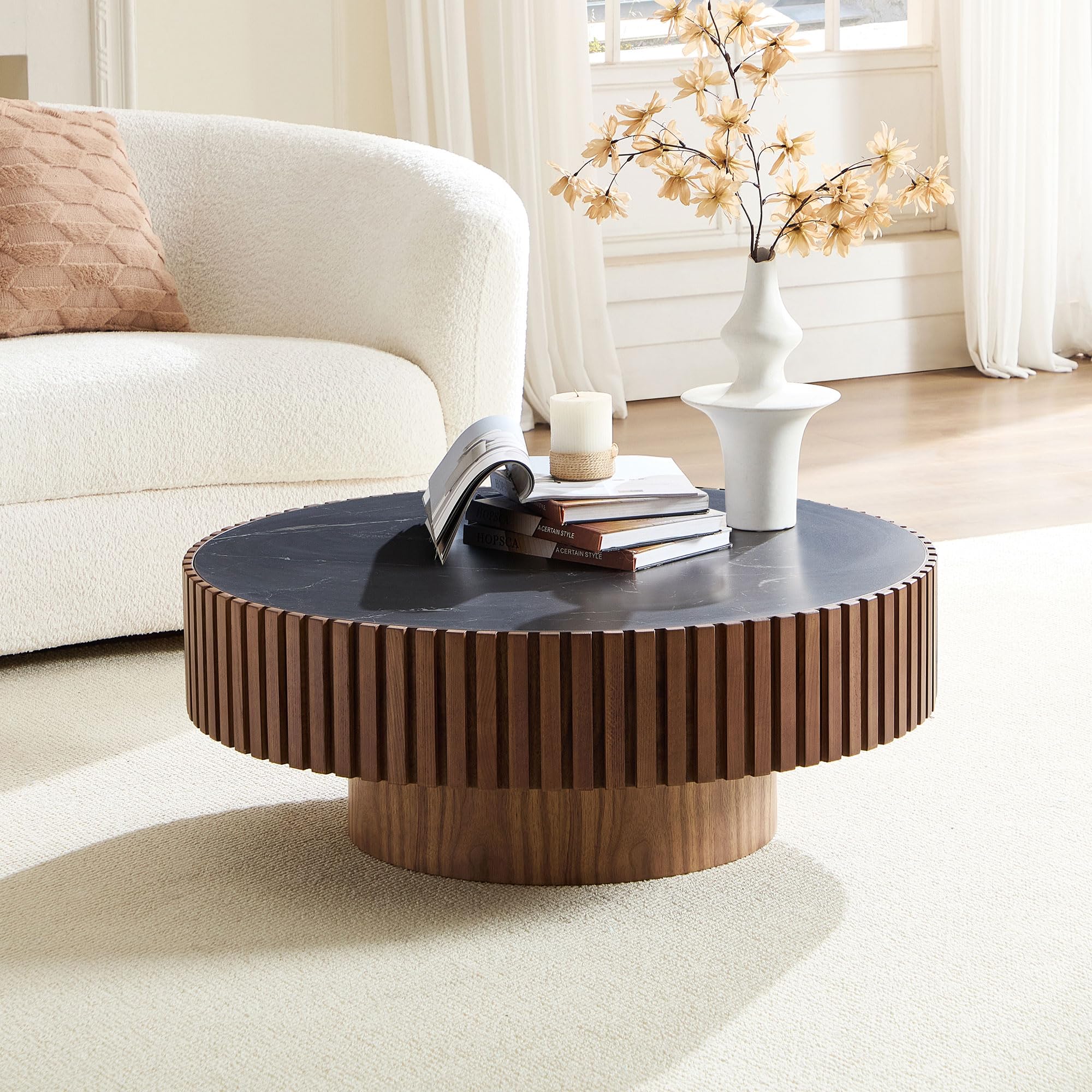 35.43" Walnut Round Coffee Tables with Marble Sintered Stone Tabletop, Modern Luxury Fluted Drum Circle Wooden Solid Wood Pedestal Table Center Tables