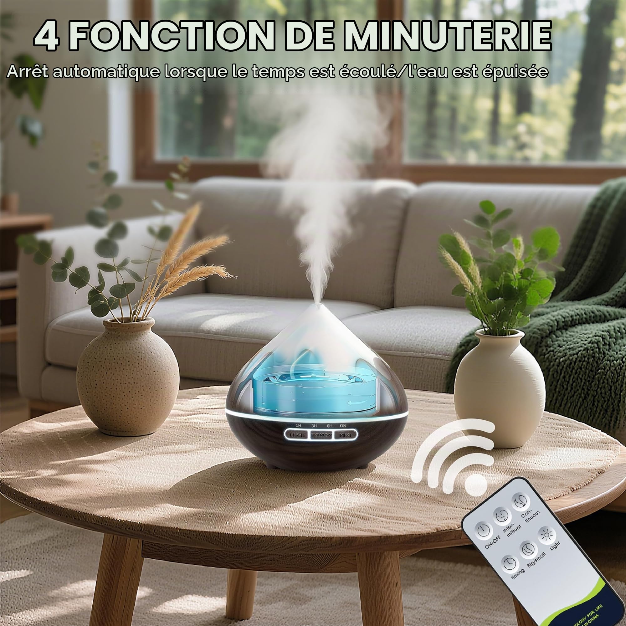 Diffuseur d'Huile Essentielle, GLOXA 500ML Ultrasonique Diffuseur Huiles Essentielles Electrique, Humidificateur d'air avec 7 Lumière, Arrêt Automatique pour Chambre, Spa, Yoga, Massage, Brun Foncé