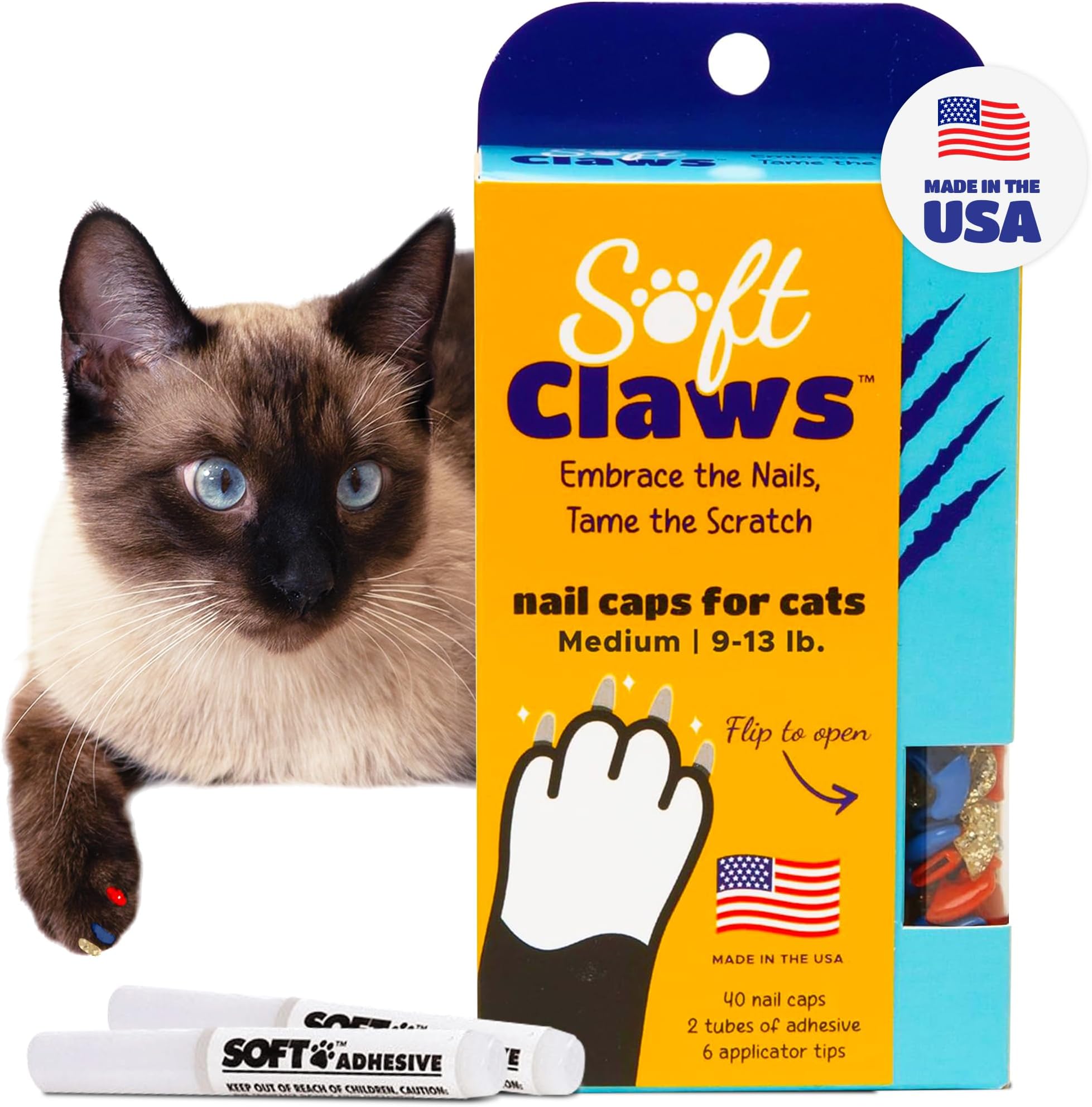 Soft Claws Cat Nail Caps for Medium Cats – (Red, Blue & Gold, 40 Caps) - Made in USA - Veterinarian-Developed | Protects Furniture & Skin, Easy to Apply, Long-Lasting Anti-Scratch Soft Cat Claw Covers