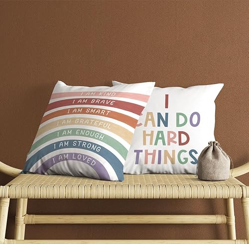 Miniatura 4 de Juego de 2 fundas de almohada con texto en inglés "Rainbow Class", fundas de almohada con texto en inglés "I Can Do Hard Things", fundas de almohada