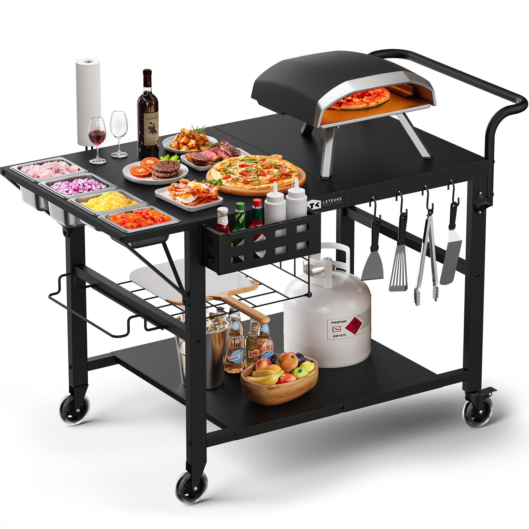 Leteuke Carrello da tavolo per pizza per piastra Blackstone, supporto per forno per pizza da esterno, adatto per piastra Ninja, Cuisinart, Gozney, Solo Stove, BBQ Prep Table Station con vassoio