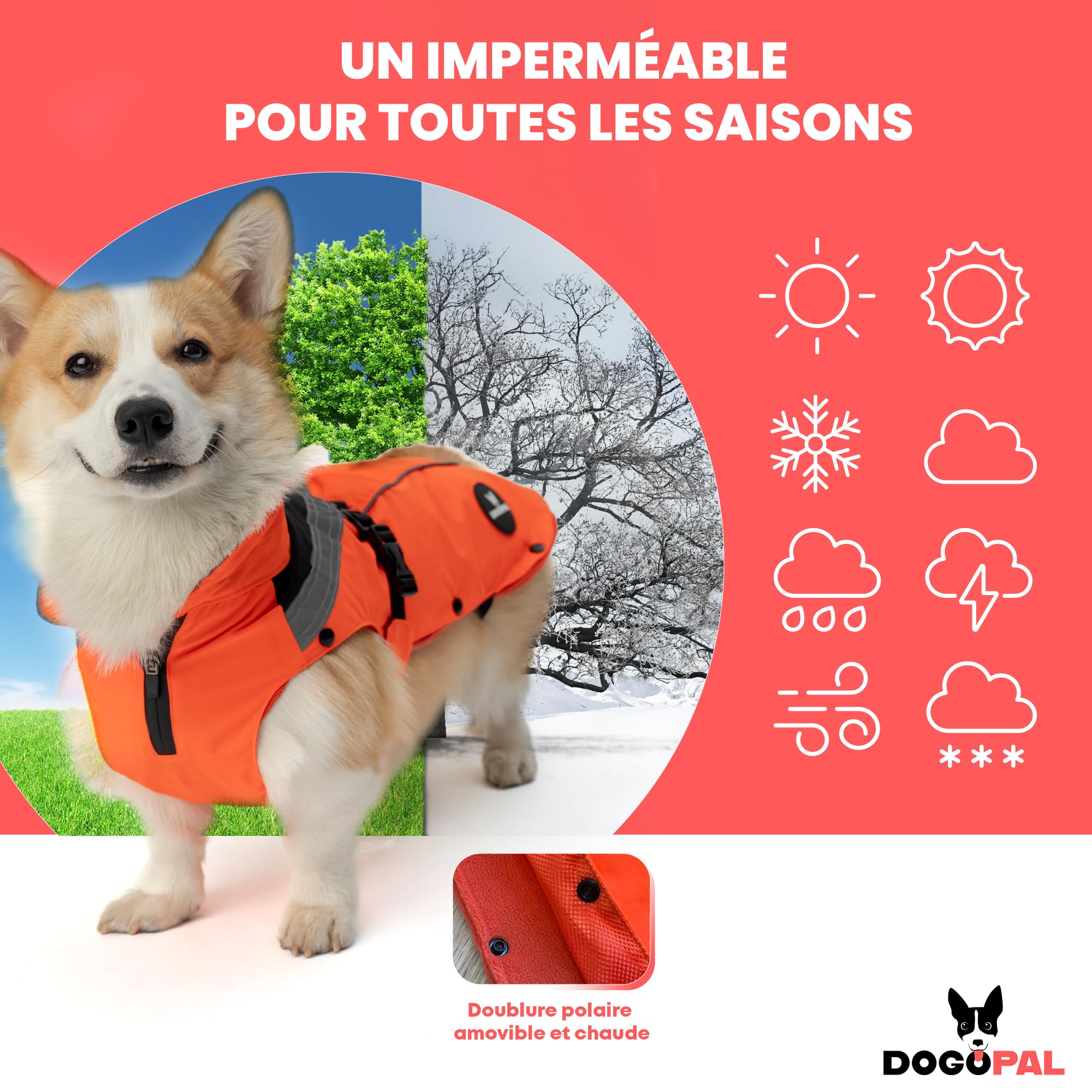 DOGOPAL Manteau Chien 2en1 Toutes Saisons – Imperméable & Coupe-Vent avec Doublure Polaire Amovible, Haute Visibilité Réfléchissante (Orange, L)