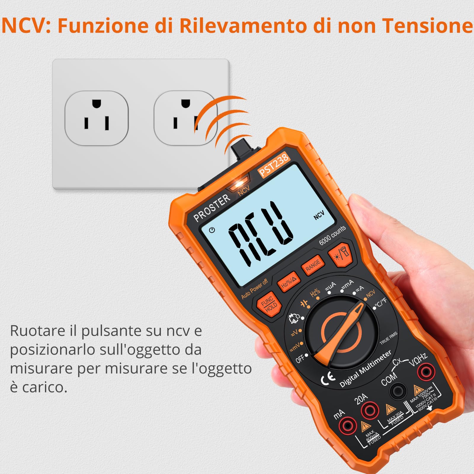Proster Multimetro Digitale 6000 Conteggi 20A 1000V TRMS Auto Range Rilevatore NCV Misuratore di Tensione Corrente DC AC Temperatura Capacità Resistenza Diodo Tester di Continuità con una Borsa