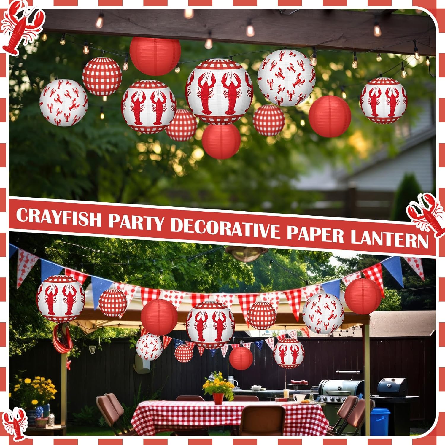 VIHOSE 12 Pcs Crawfish Boil Paper Lanterns 6'' 8'' 10'' 12'' Round Hanging Lanterns Red and White Plaid Red Crawfish for Indoor Outdoor Lobster Summer Shrimp Party Supplies Birthday Party Decorations