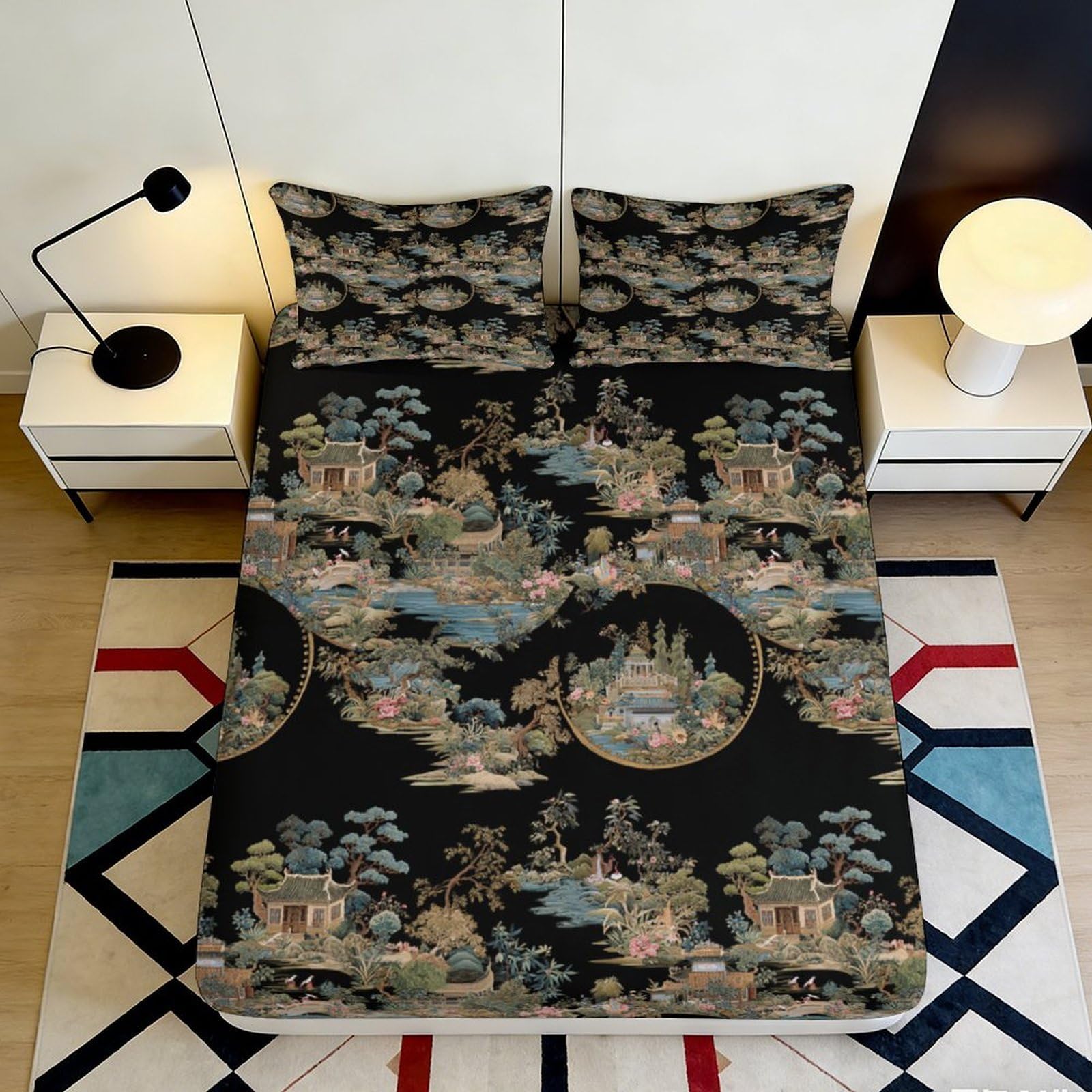 3D Printed Oriental Landscape Fitted Sheet Microfiber Deep Pocket Non-Slip Oriental Landscape Mattress Fitted Cover Bedroom Bedding Washable Soft 140x200x25cm