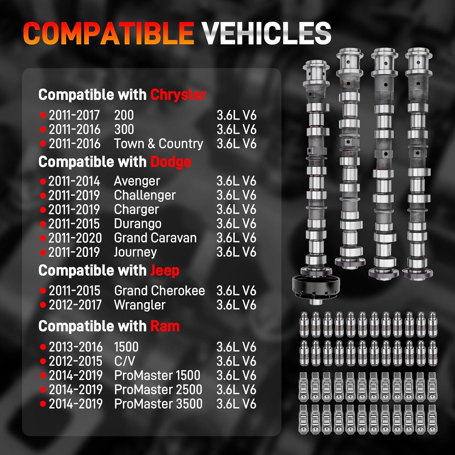 Engine Camshaft & Lifters with Timing Chain Kit Compatible with 2011-2016 Dodge Chrysler Jeep Ram 3.6L V6 Engine Replace# 5184377AH 5184378AH 5184379AH 5184380AH 5184332AA 5184296AD