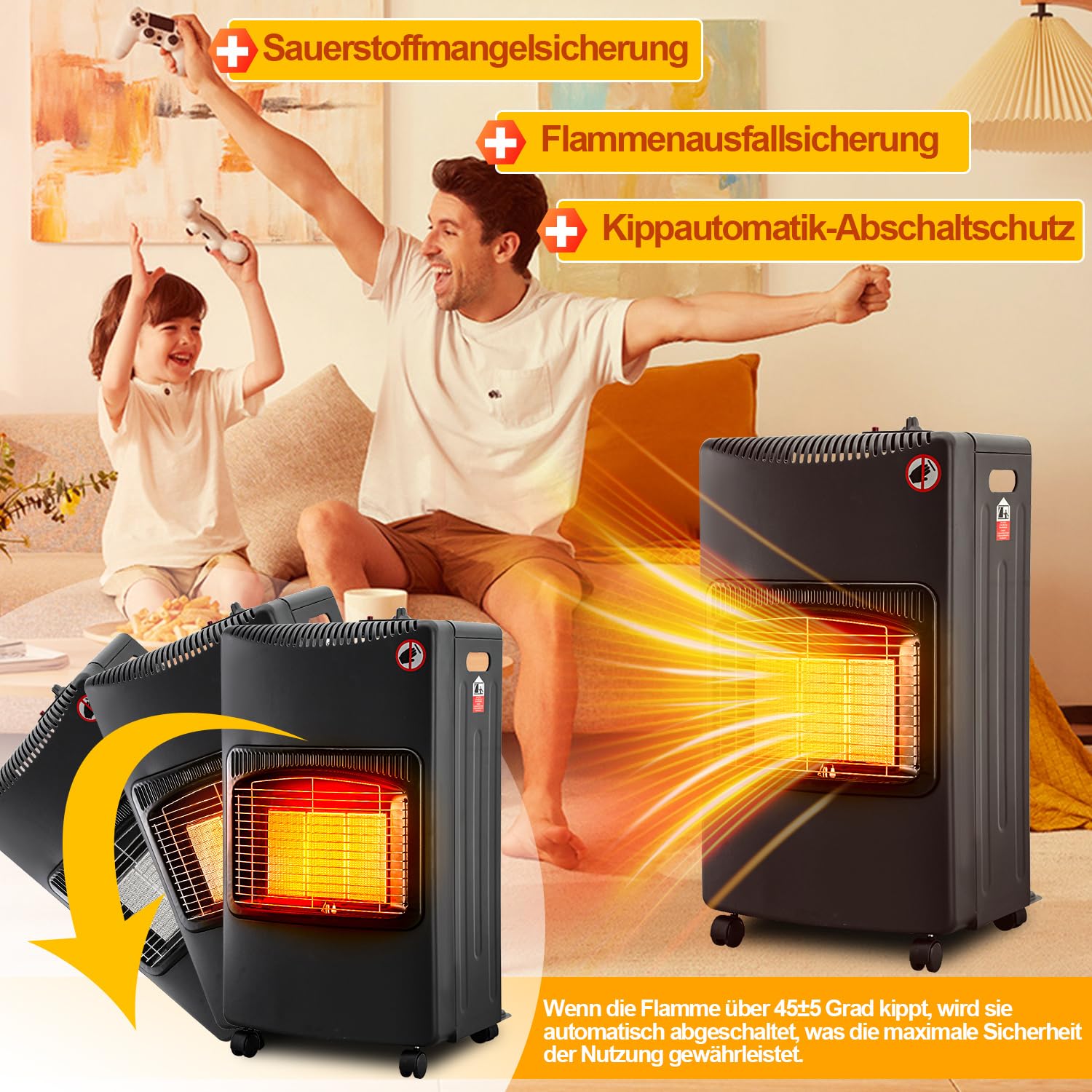 Estufa de gas de 4,2 kW, plegable, incluye protección contra sobrecalentamiento y protección antivuelco, dispositivo de protección contra llama ODS, encendido piezoeléctrico, consumo de gas de