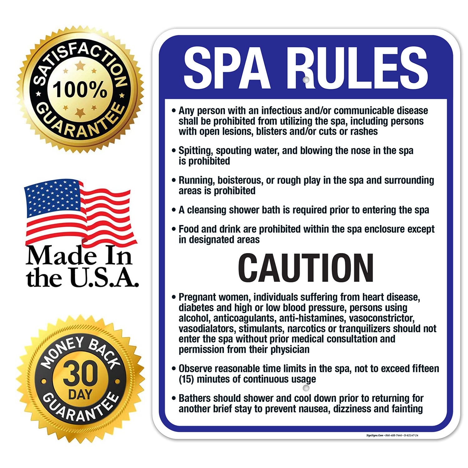 Rhode Island Spa Rules Sign, Complies with State of Rhode Island Pool Safety Code, 18x24 Inches, Rust Free .063 Aluminum, Fade Resistant, Made in USA