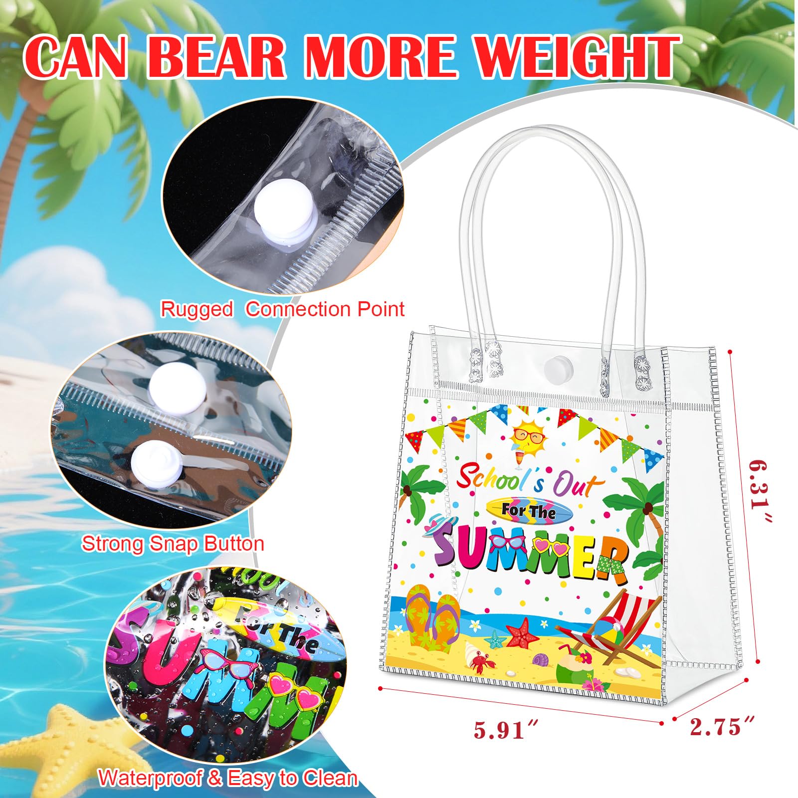 Gilprop 12 Pcs School's Out for Summer Gift Bags, End of Year Goodie Bags Bulk, Clear PVC Treat Tote Bag with Handles, Last Day of School Party Favors for Pool Beach Vacation