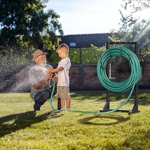 Miniatura 7 de Winpull Soporte para manguera de jardín con 4 picos, soporte de manguera independiente para exteriores, resistente, 6 ganchos, manguera de jardín de