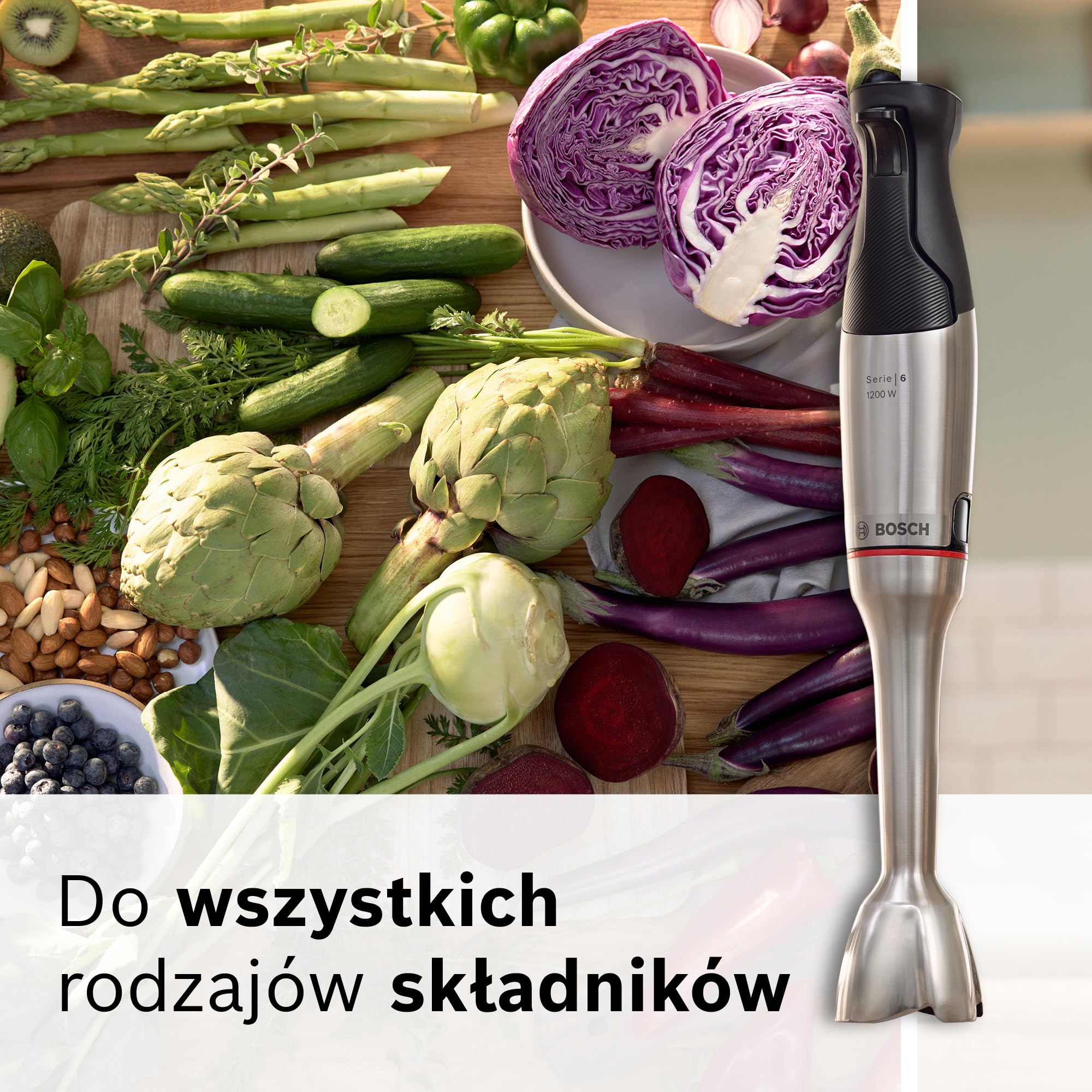 Bosch, blender ręczny, ErgoMaster Series 6, silnik 1200 W z chłodzeniem powietrznym, dynamiczna regulacja prędkości, system QuattroBlade Pro, akcesoria w zestawie, MSM6M820