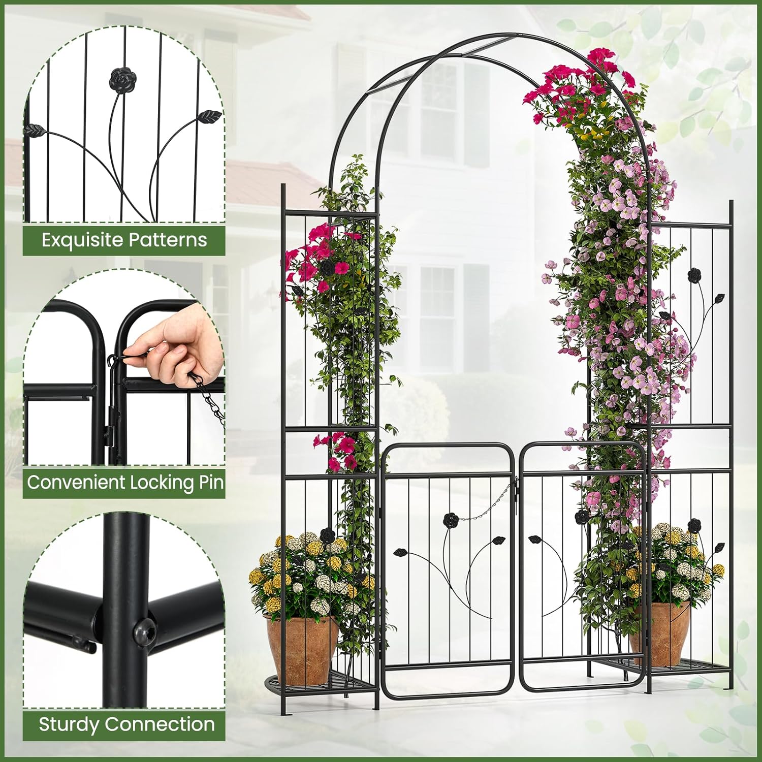 COSTWAY Metal Garden Arch for Climbing Plants, 87-Inch Tall Heavy-Duty Arbor Trellis with Lockable Gate, Side Shelves, 6 Ground Stakes, Outdoor Decorative Entrance Archway for Patio, Lawn, Black
