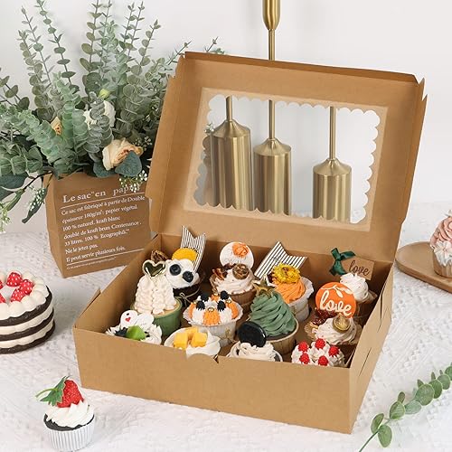 Miniatura 4 de Moretoes 34 juegos de cajas para cupcakes, capacidad para 12 cupcakes cada una, recipientes marrones con ventana e insertos, 13 x 10 x 3.5 pulgadas,