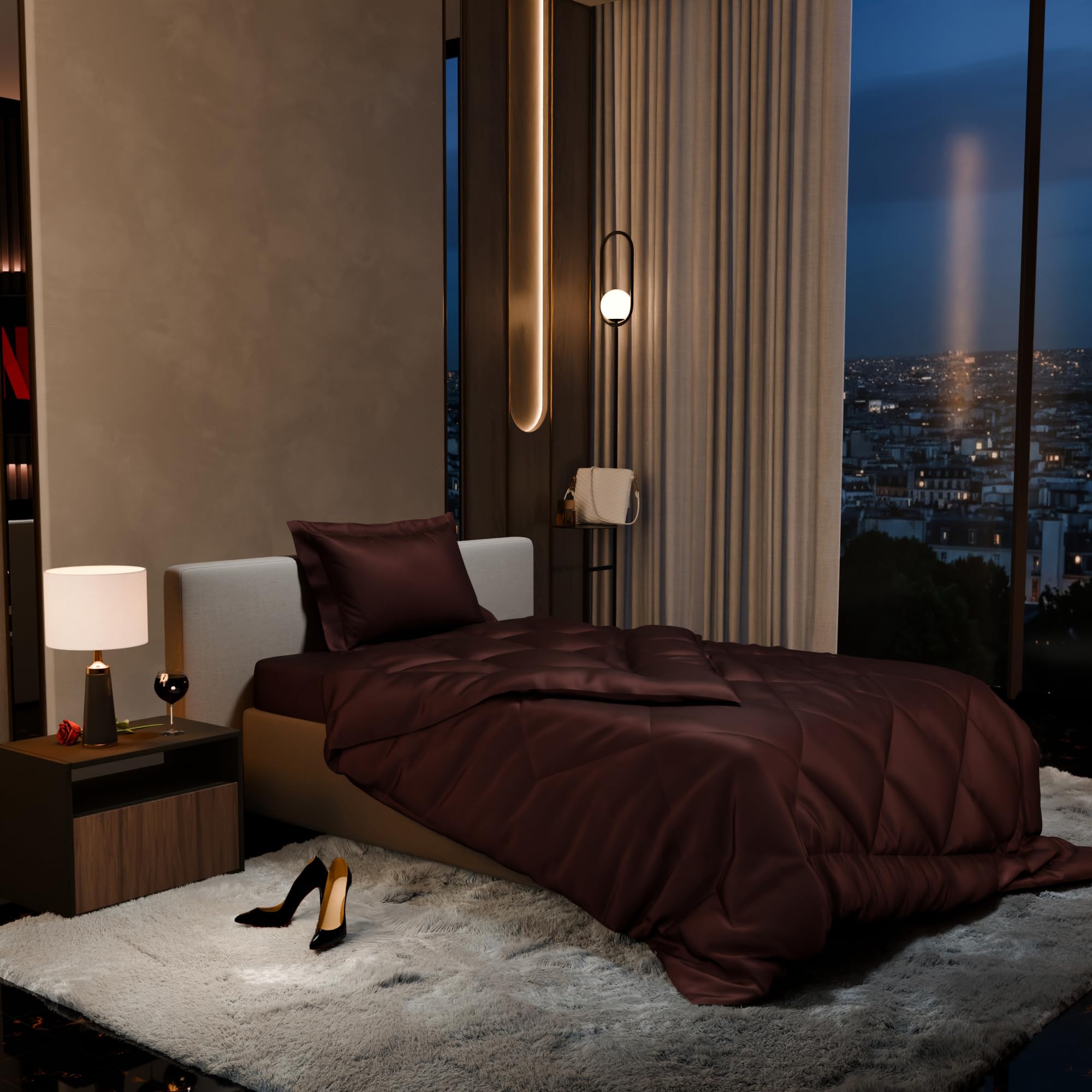 Stoa Paris 300 Tc Satin Comforter Set Single Bed with Satin Bedsheet & Pillow Covers, Complete Bedding Set, Ideal Gifts for Couples, Bedroom Home Furnishing, Date Night Collection - Hot Chocolate