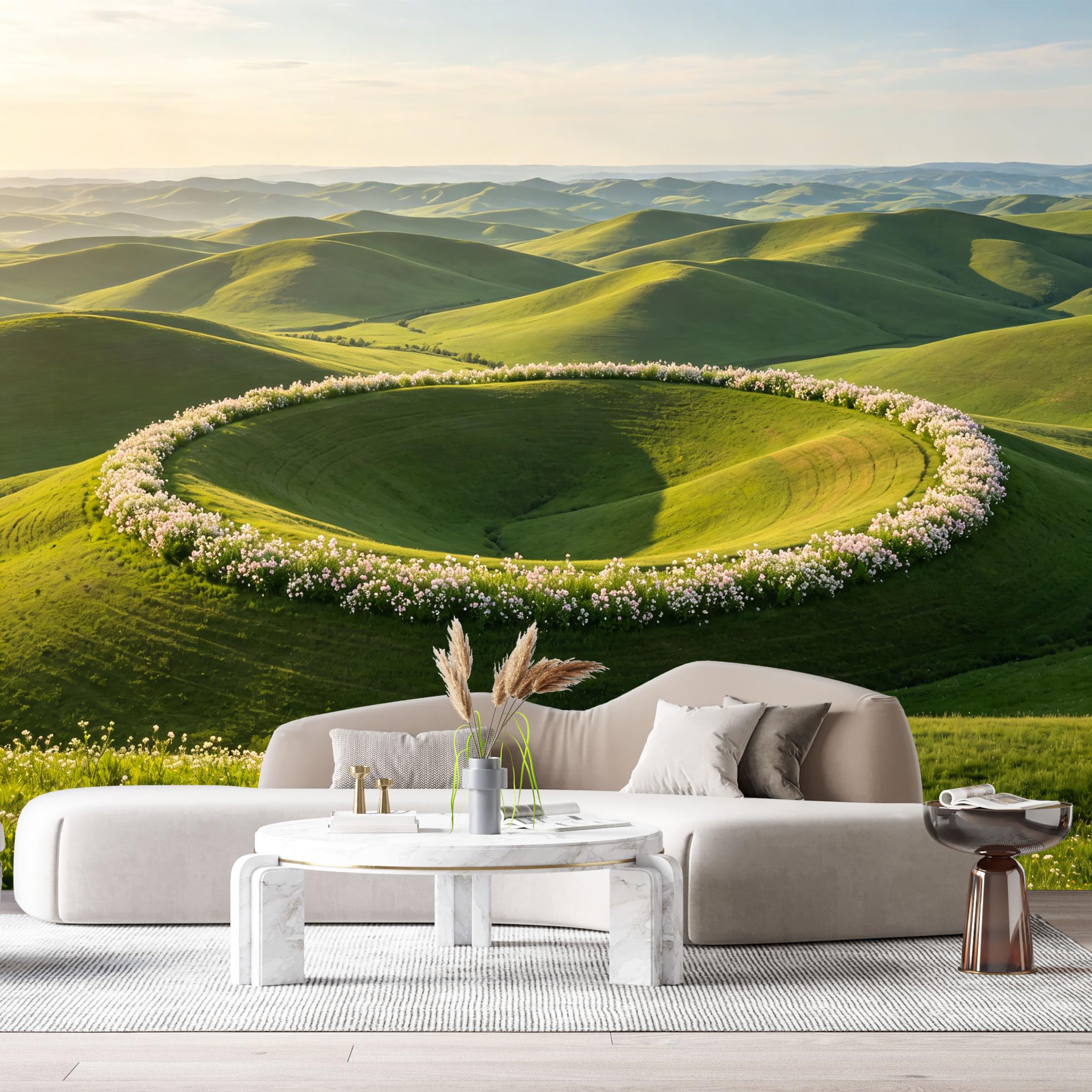 Custom Size Wall Murals Green Hills Landscape Floral Ring Sunrise Valley SelfAdhesive Wall Fabric Removable Large Wallpaper for Photo Living Room