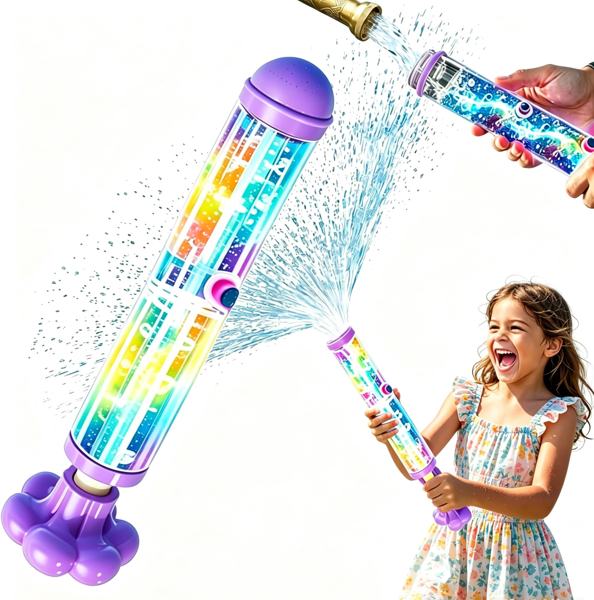 Glowing Rainbow LED Water Blaster, Light‑Up Firework Water Gun, Pull Push Firework Waters Spray, Creative Outdoor Summer Toy for Pool Parties and Outdoor Activities